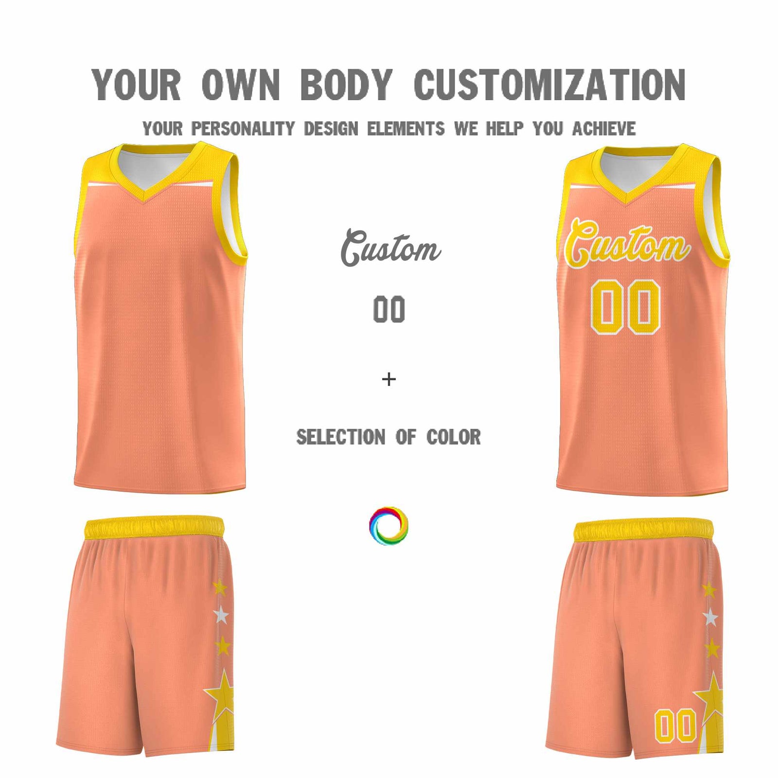 Custom Youth Basketball Uniform Light Orange Gold Two Tone Side Star Personalized Team Jersey