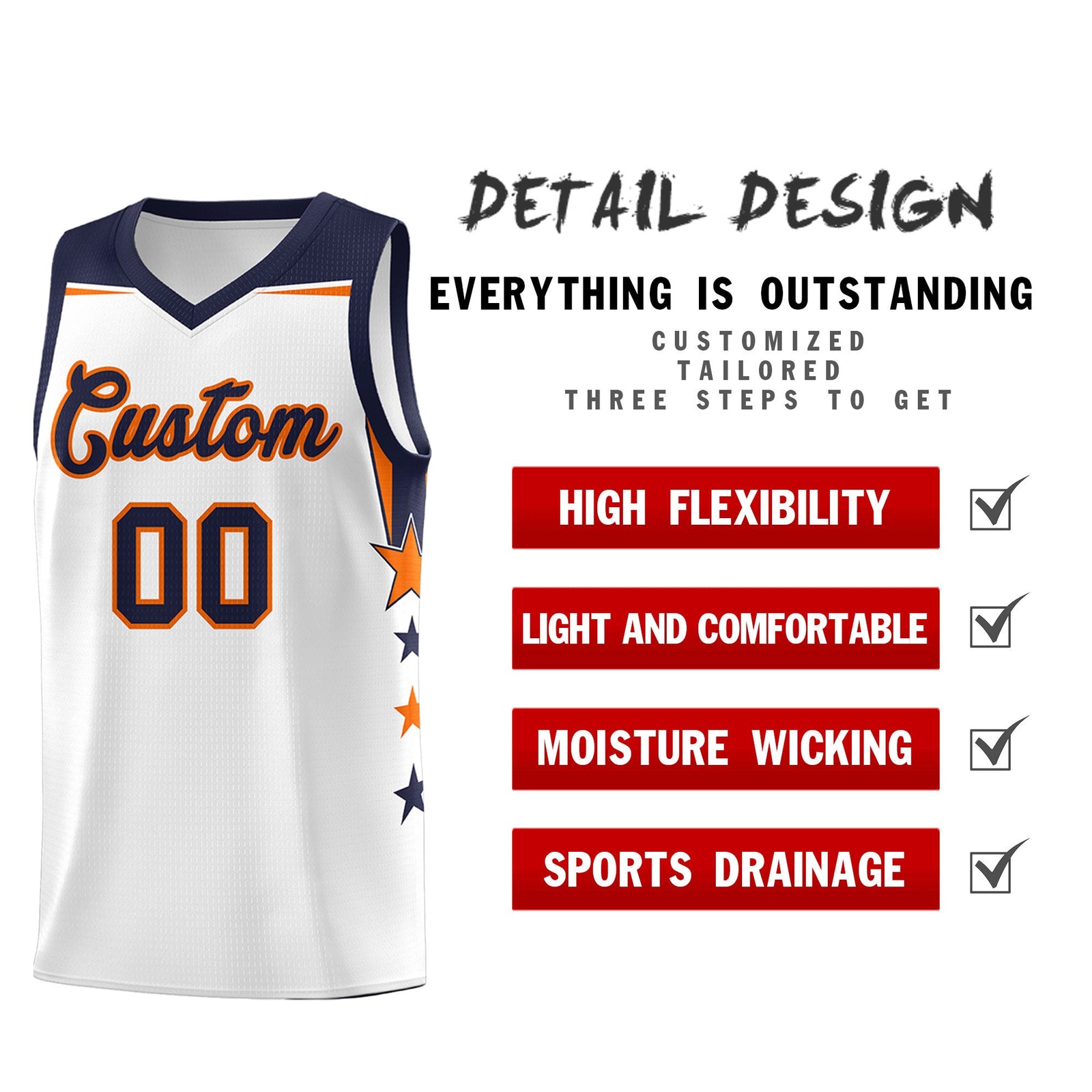 Custom Youth Basketball Uniform White Navy Two Tone Side Star Add Name Number & Logo
