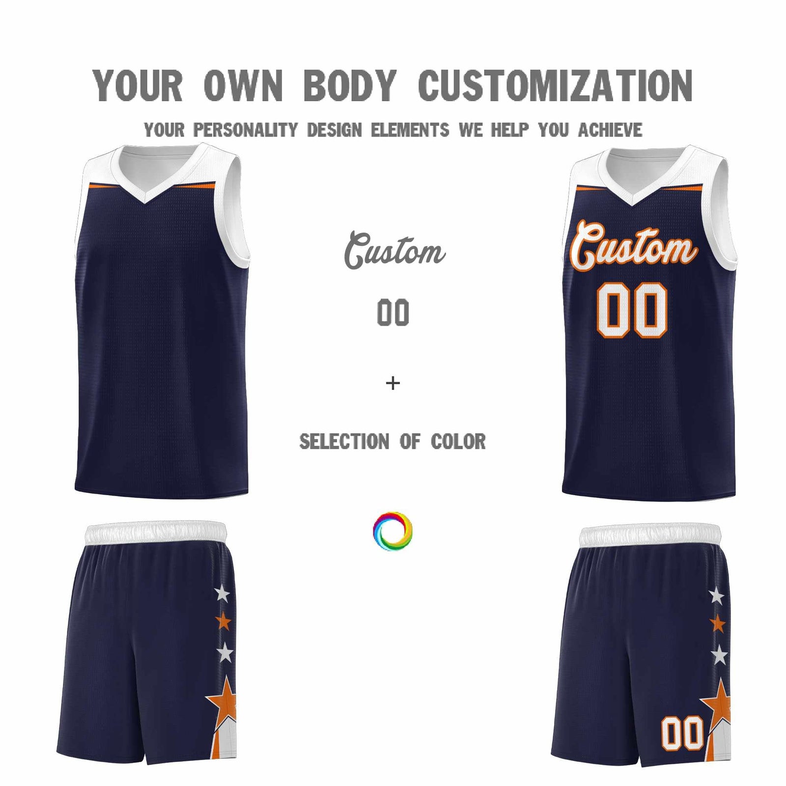 Custom Youth Basketball Uniform Navy White Two Tone Side Star Personalized Team Jersey