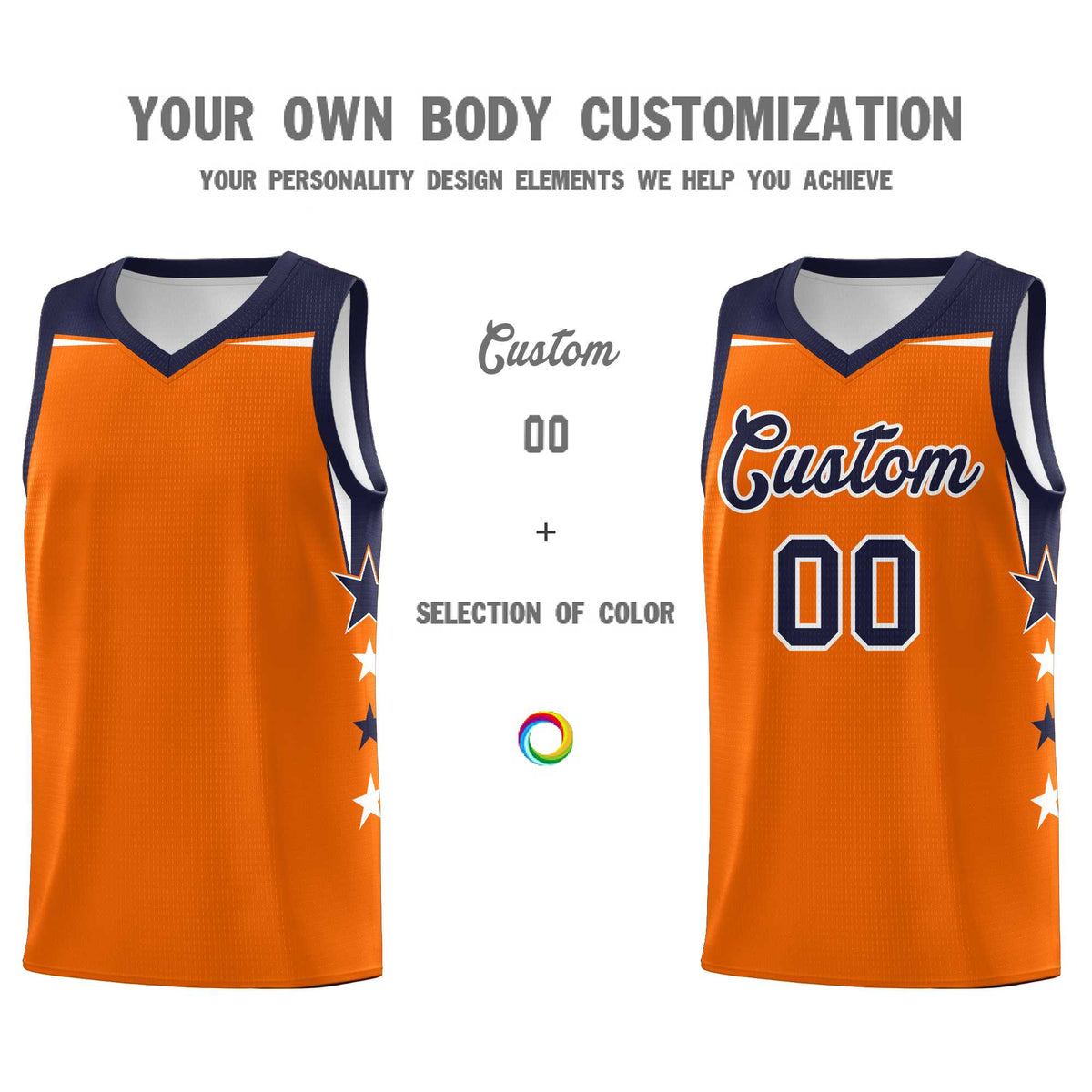 Custom Youth Basketball Uniform Orange Navy Two Tone Side Star Color Block Team Jersey