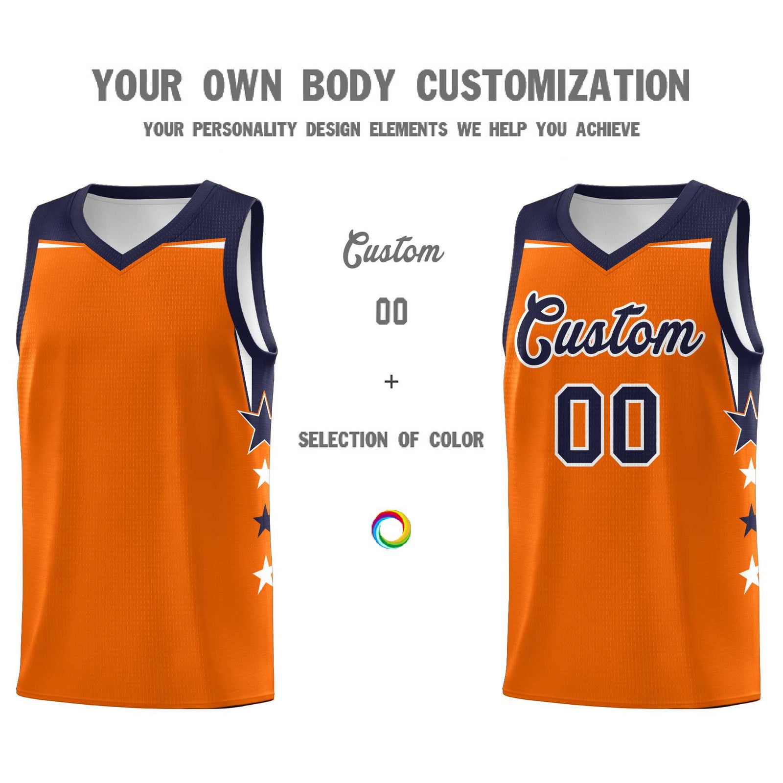 Custom Youth Basketball Uniform Orange Navy Two Tone Side Star Color Block Team Jersey