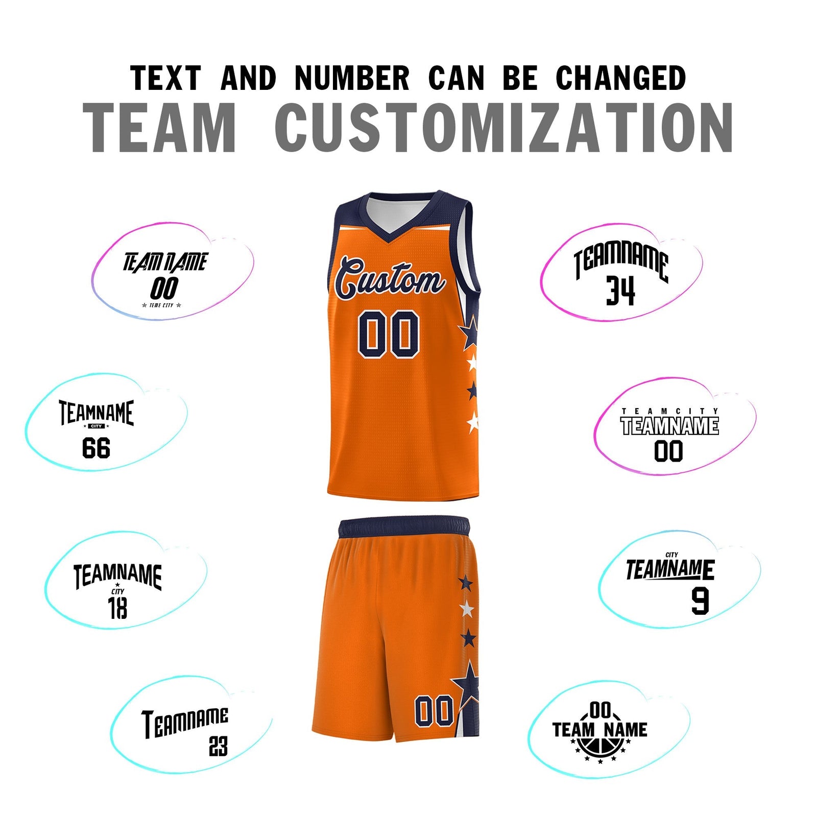 Custom Youth Basketball Uniform Orange Navy Two Tone Side Star Color Block Team Jersey