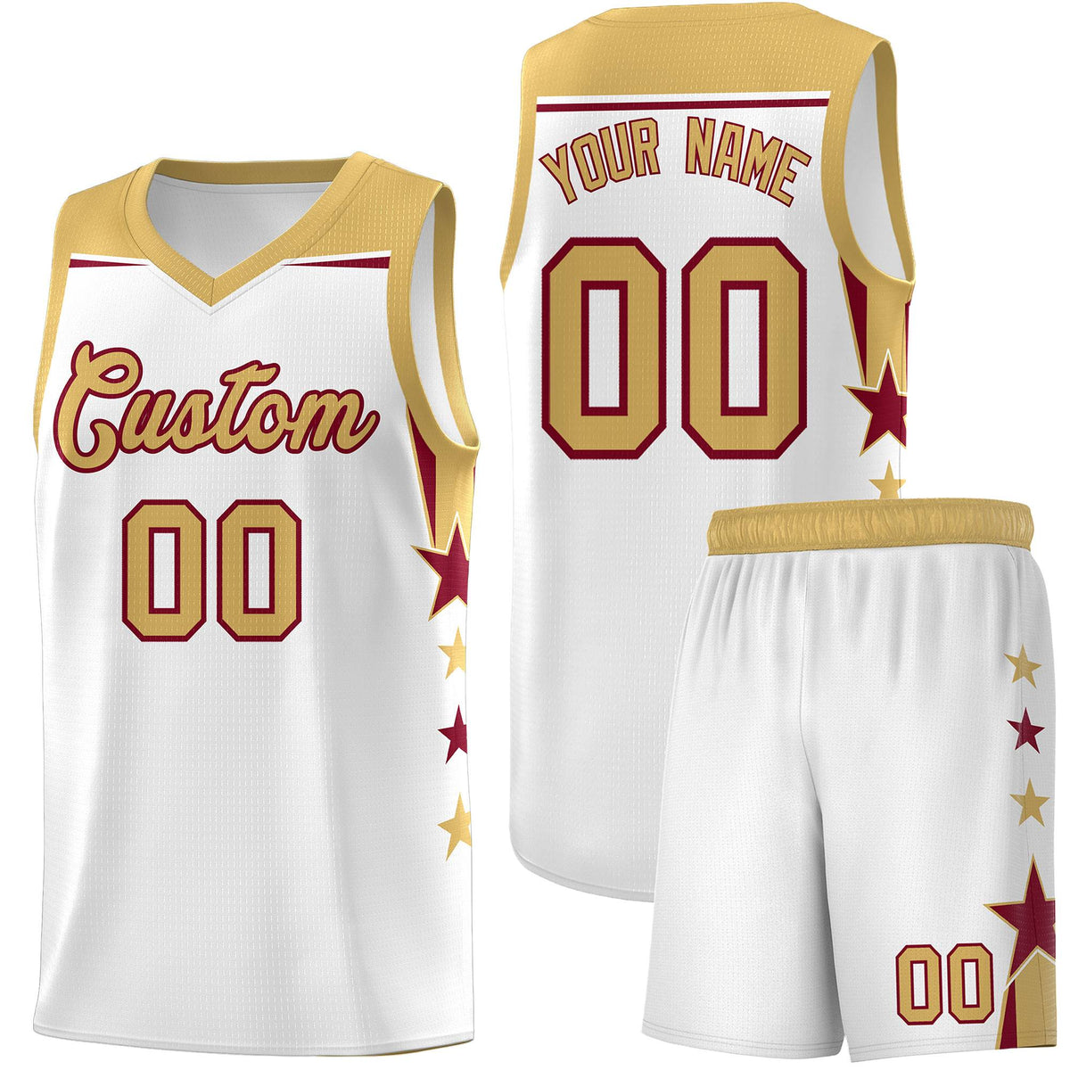Custom Youth Basketball Uniform White Old Gold Two Tone Side Star Add Name Number & Logo