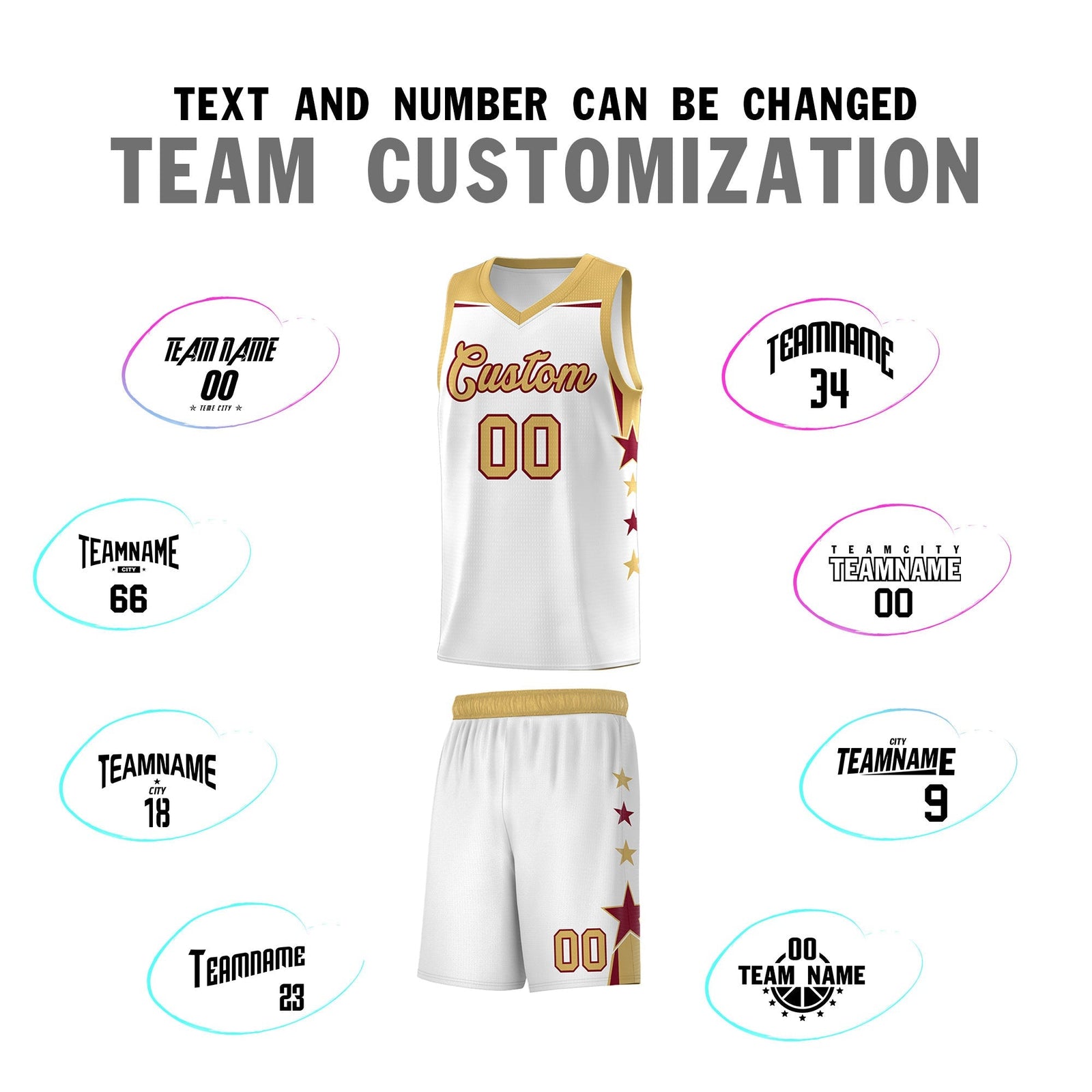 Custom Youth Basketball Uniform White Old Gold Two Tone Side Star Add Name Number & Logo