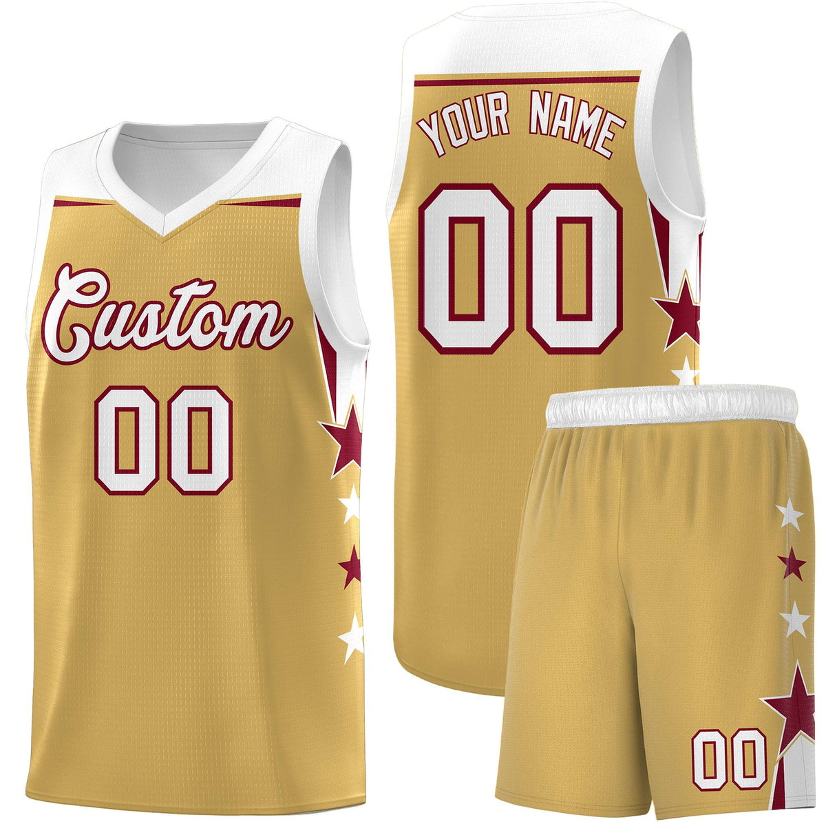 Custom Youth Basketball Uniform Old Gold White Two Tone Side Star Personalized Team Jersey