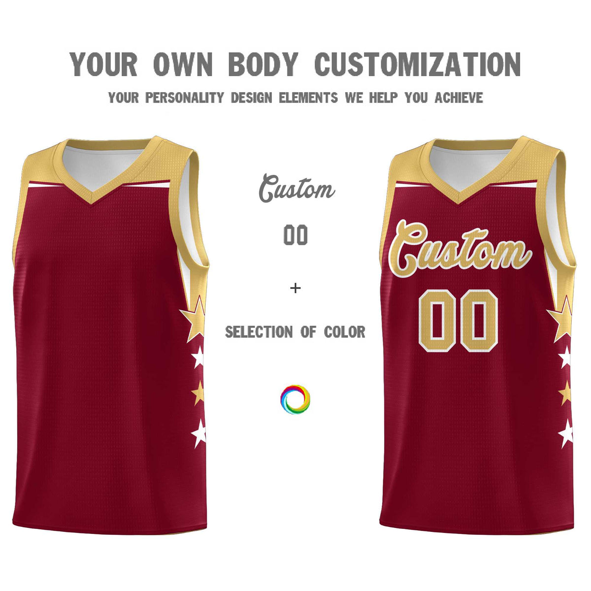 Custom Youth Basketball Uniform Crimson Old Gold Two Tone Side Star Color Block Team Jersey