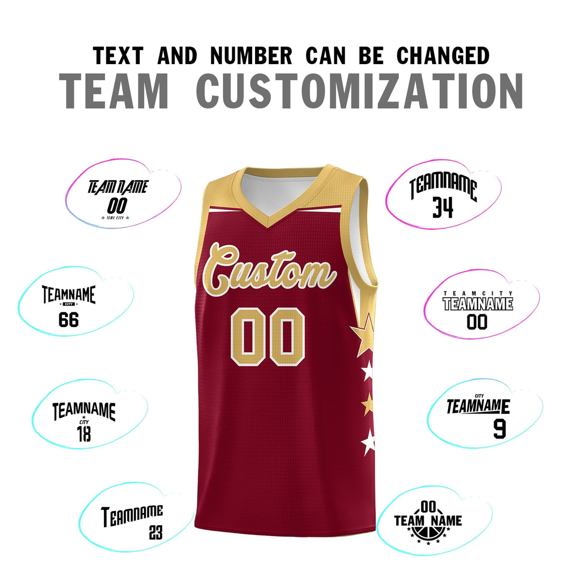 Custom Youth Basketball Uniform Crimson Old Gold Two Tone Side Star Color Block Team Jersey