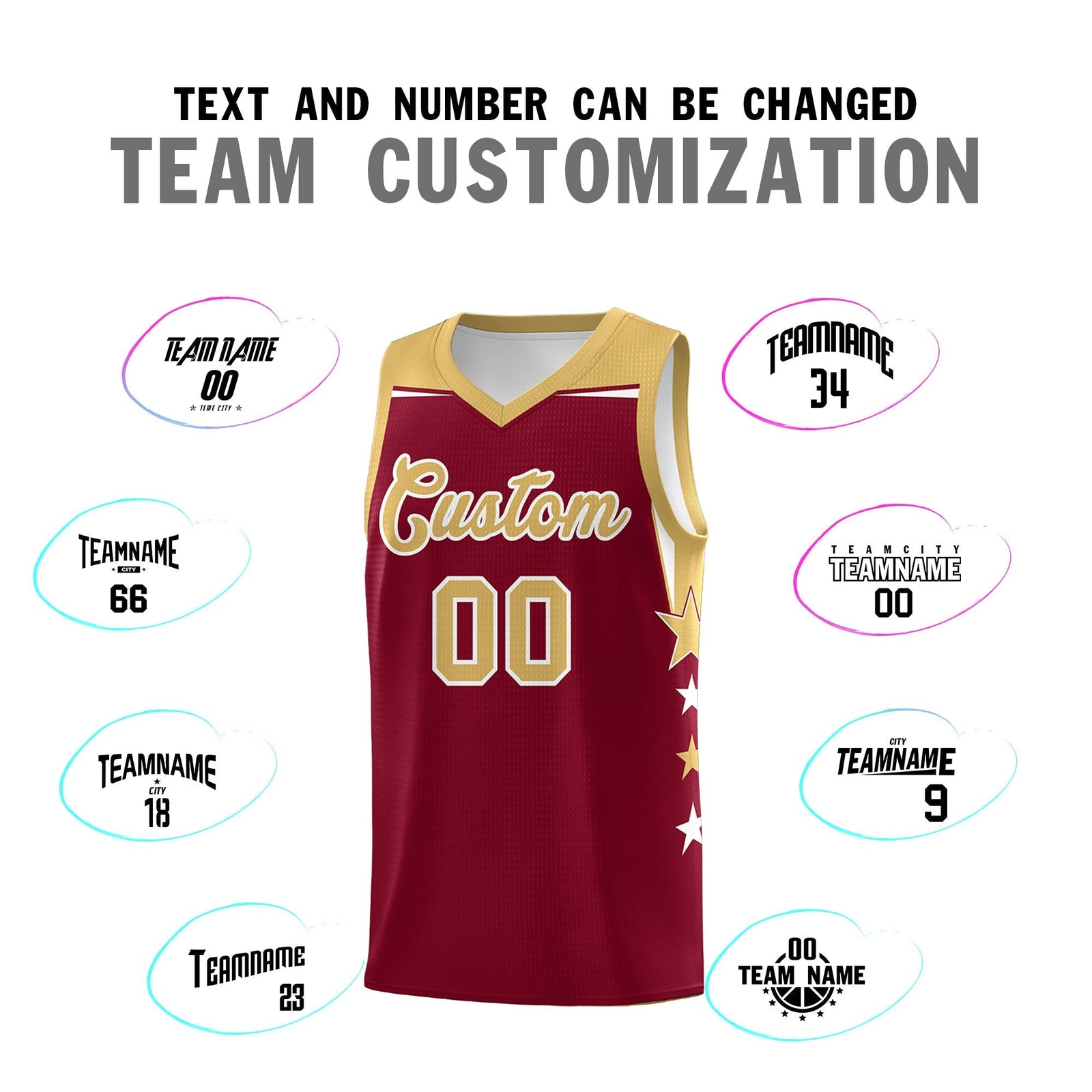 Custom Youth Basketball Uniform Crimson Old Gold Two Tone Side Star Color Block Team Jersey