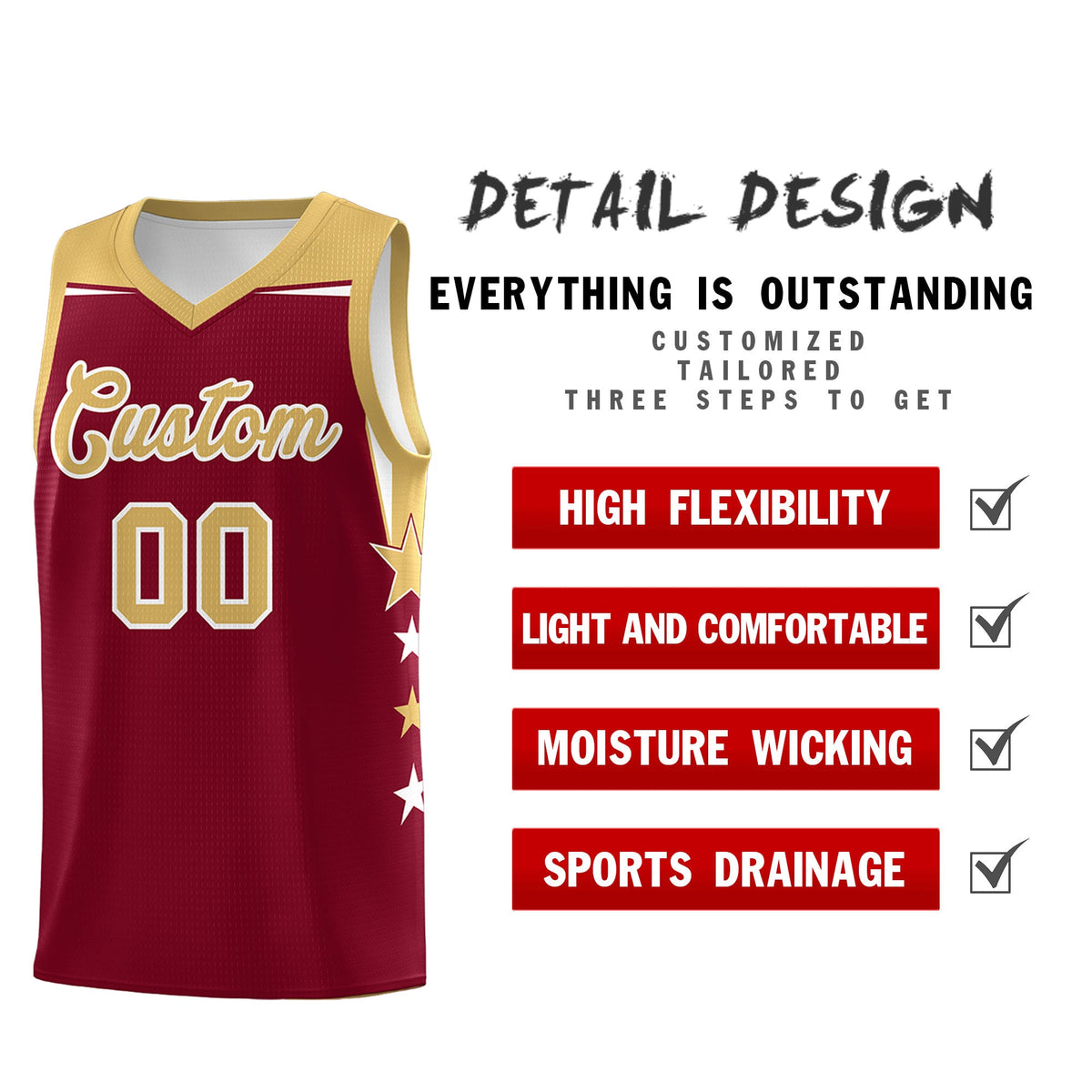 Custom Youth Basketball Uniform Crimson Old Gold Two Tone Side Star Color Block Team Jersey