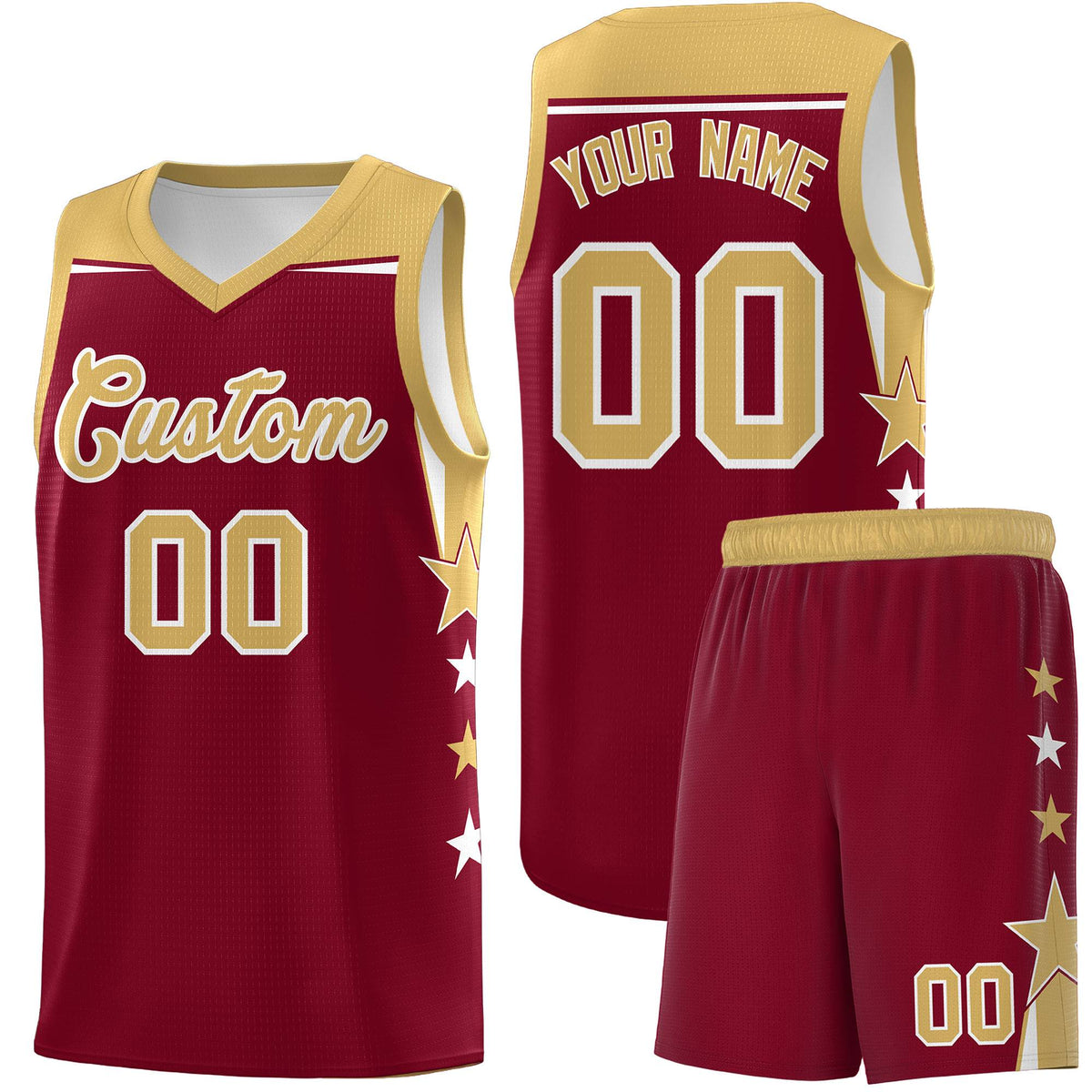 Custom Youth Basketball Uniform Crimson Old Gold Two Tone Side Star Color Block Team Jersey