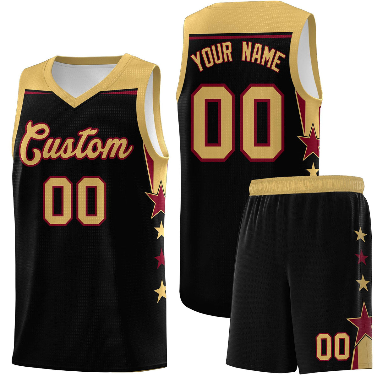 Custom Youth Basketball Uniform Black Old Gold Two Tone Side Star Add Name Number & Logo