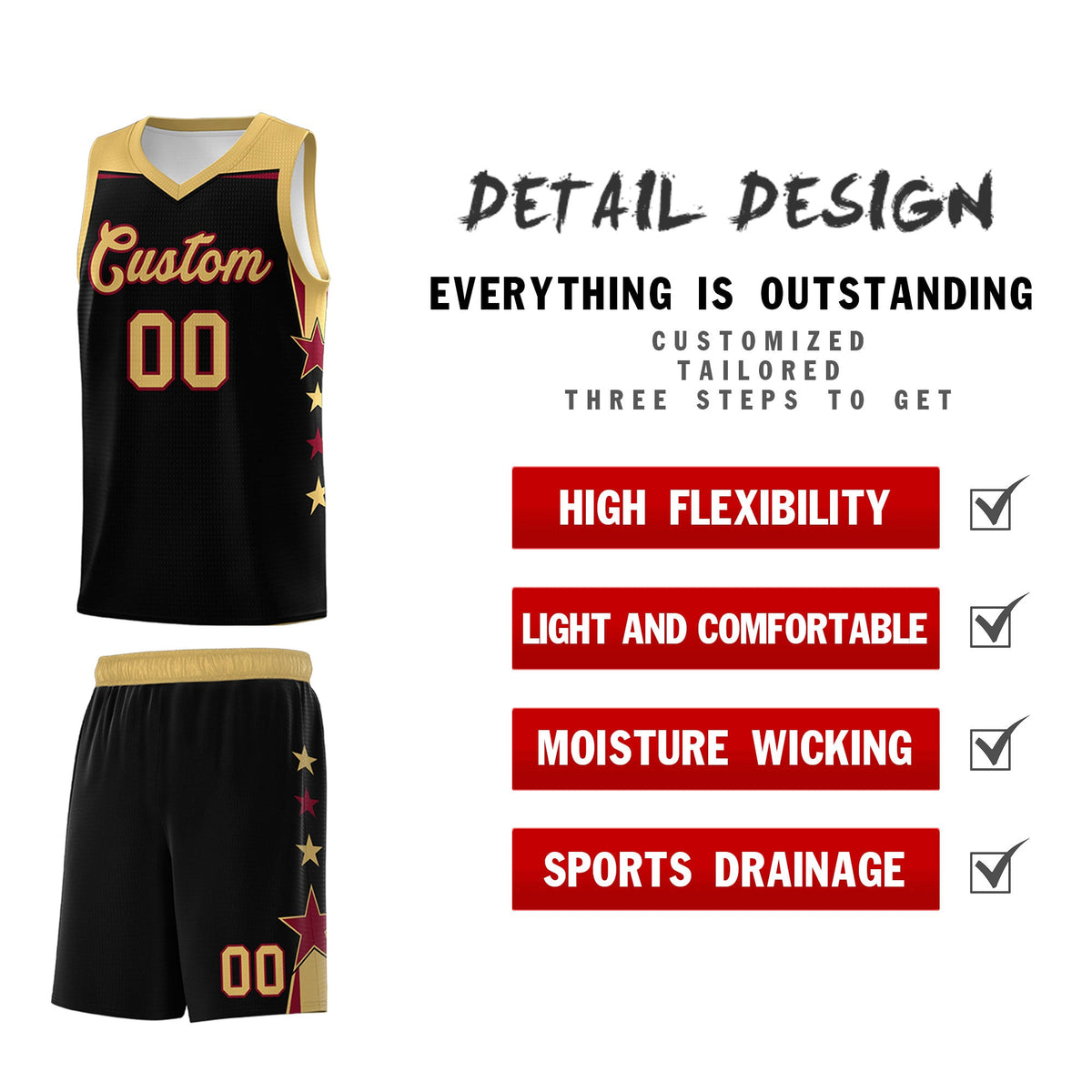 Custom Youth Basketball Uniform Black Old Gold Two Tone Side Star Add Name Number & Logo