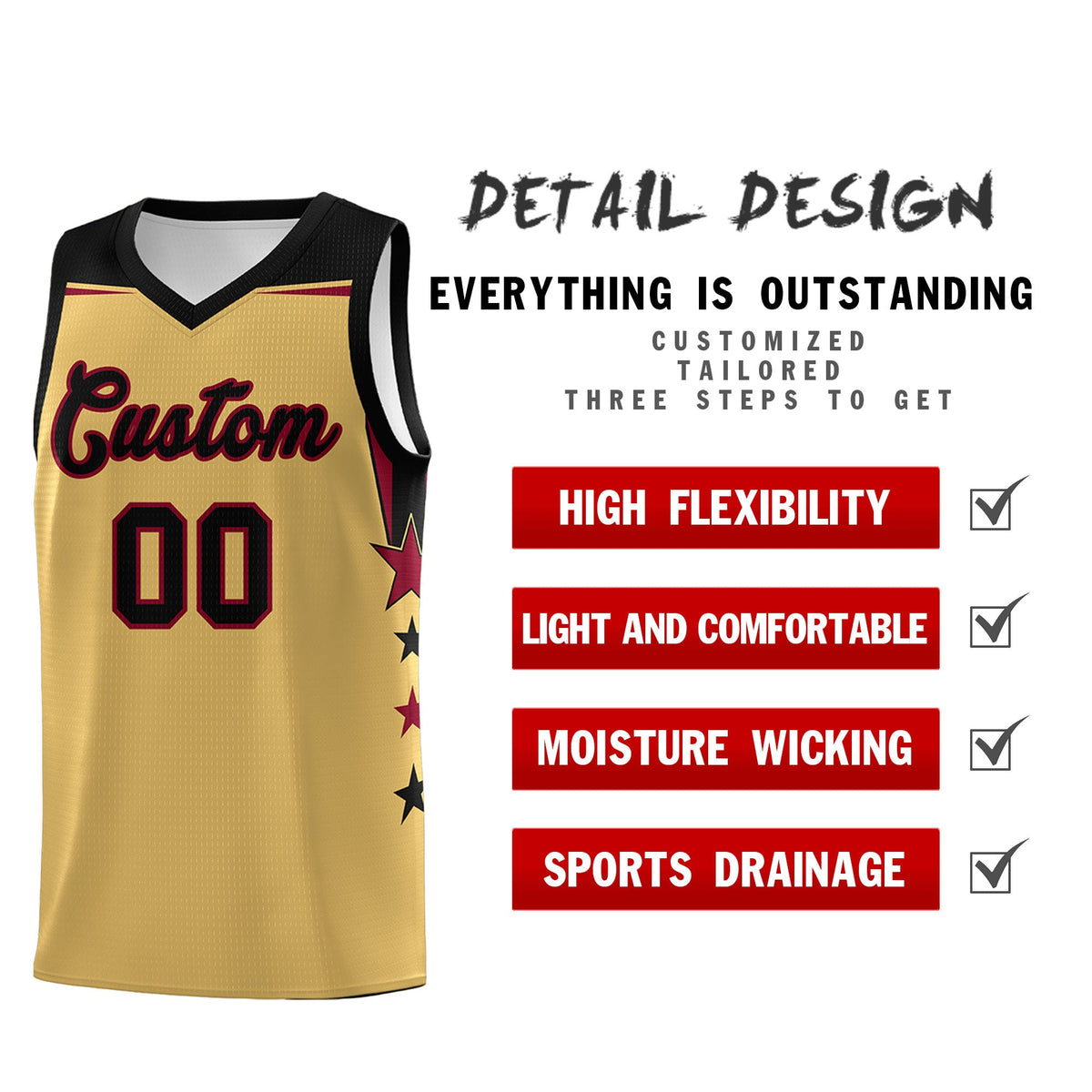 Custom Youth Basketball Uniform Old Gold Black Two Tone Side Star Personalized Team Jersey