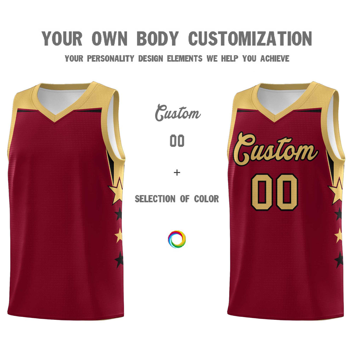 Custom Youth Basketball Uniform Crimson Old Gold Two Tone Side Star Color Block Team Jersey