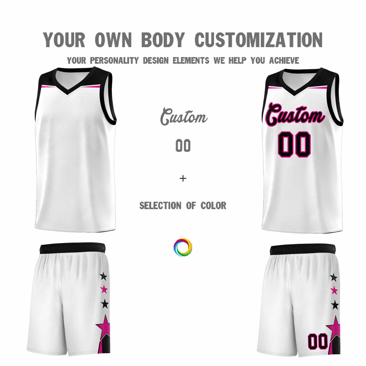Custom Youth Basketball Uniform White Black Two Tone Side Star Add Name Number & Logo
