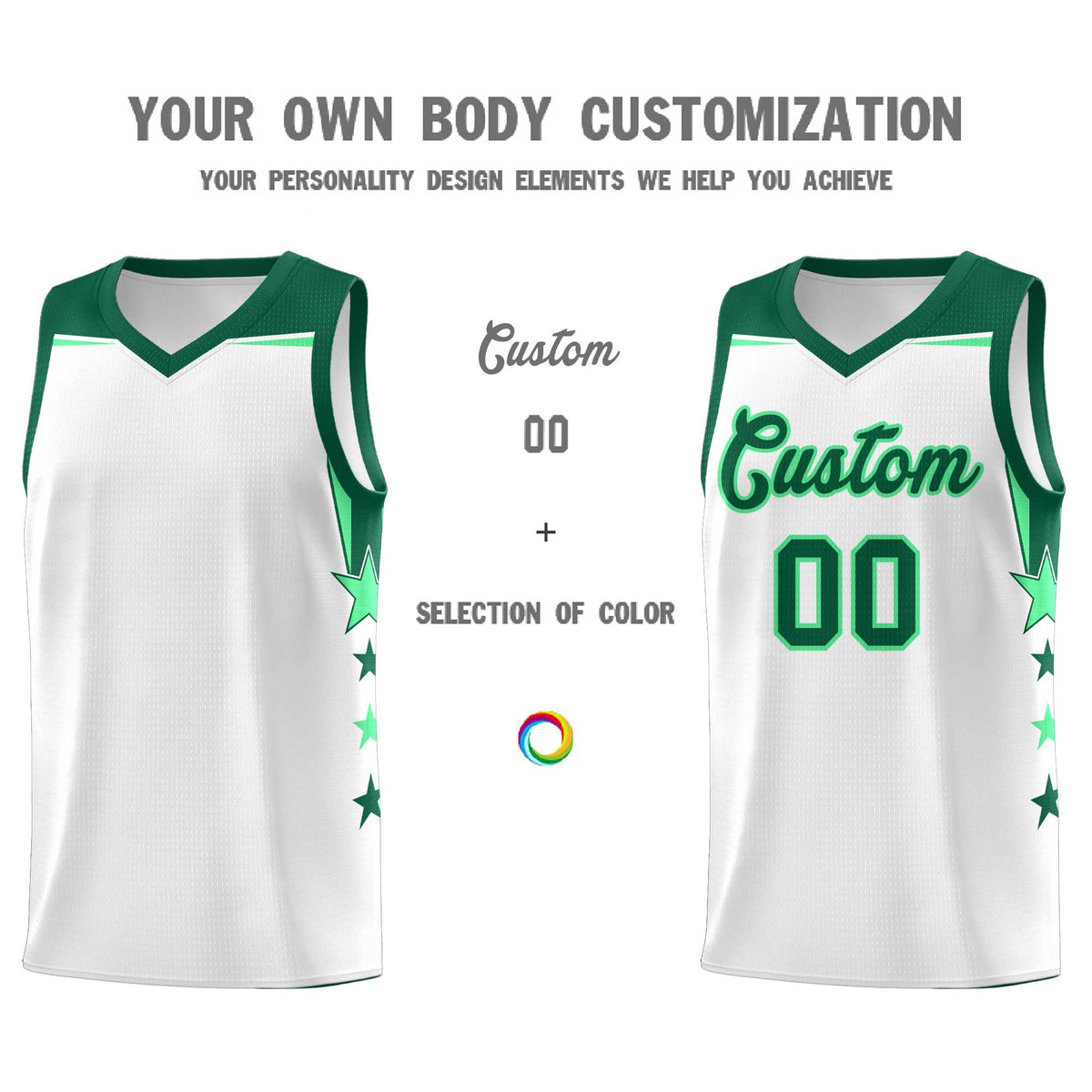 Custom Youth Basketball Uniform White Kelly Green Two Tone Side Star Add Name Number & Logo