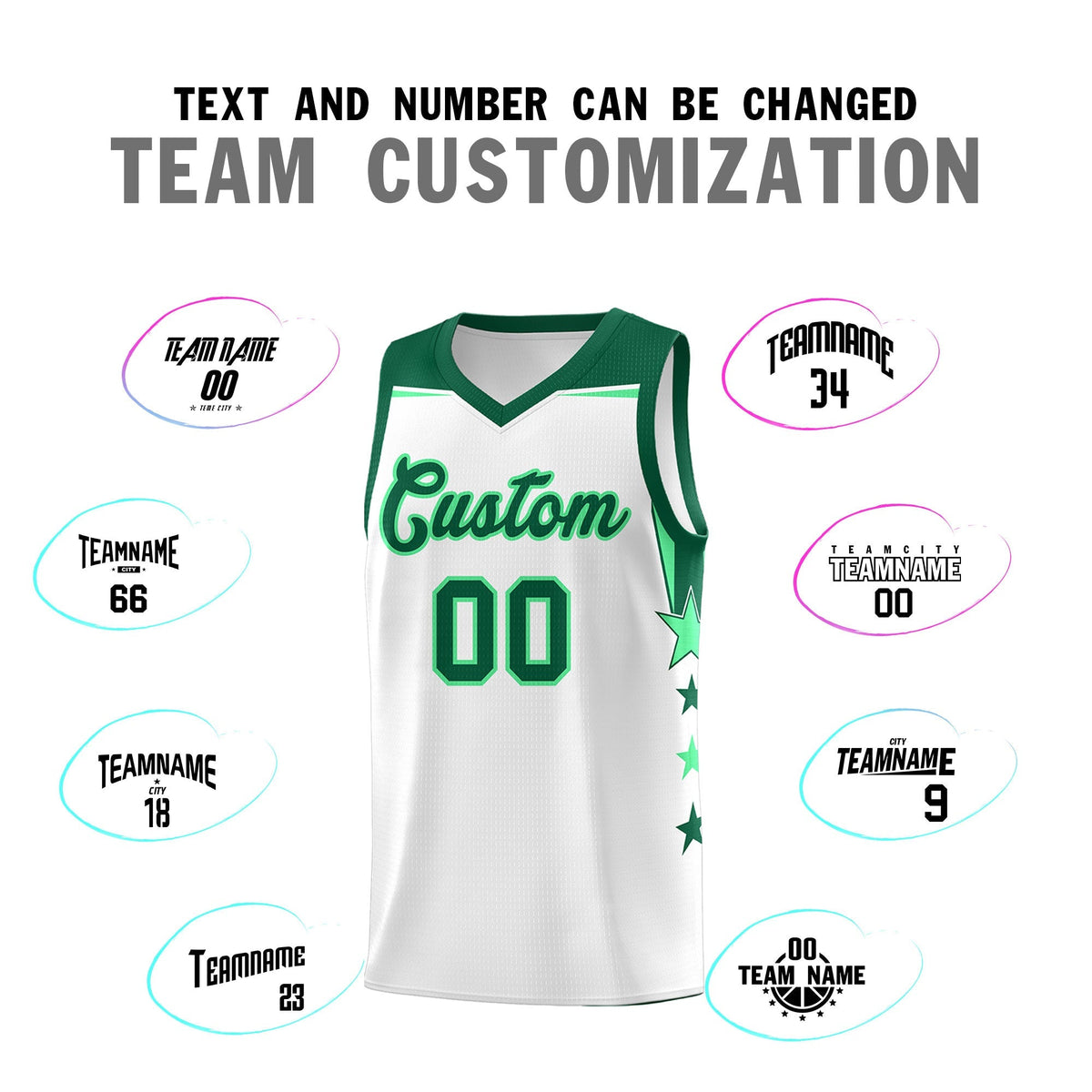 Custom Youth Basketball Uniform White Kelly Green Two Tone Side Star Add Name Number & Logo