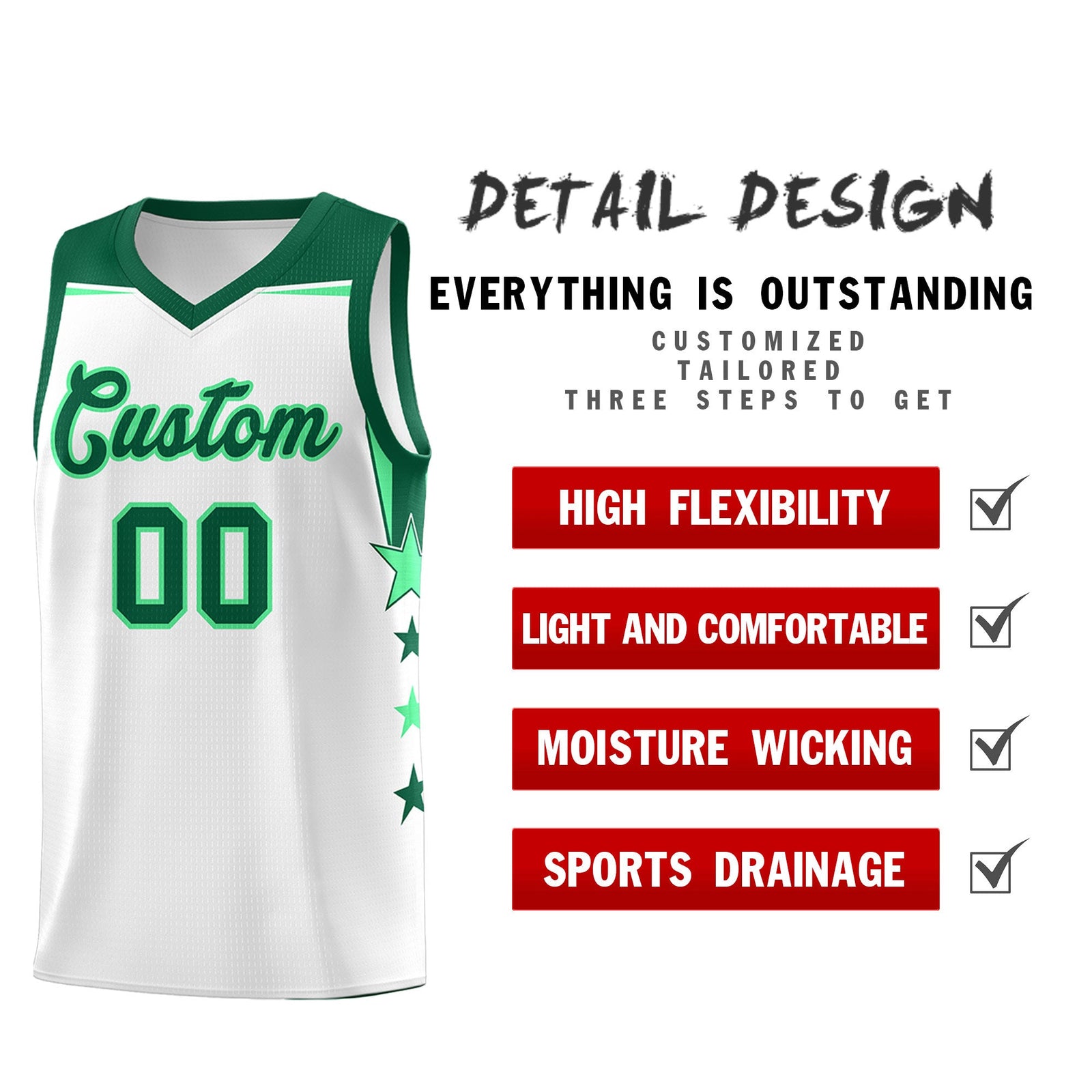 Custom Youth Basketball Uniform White Kelly Green Two Tone Side Star Add Name Number & Logo