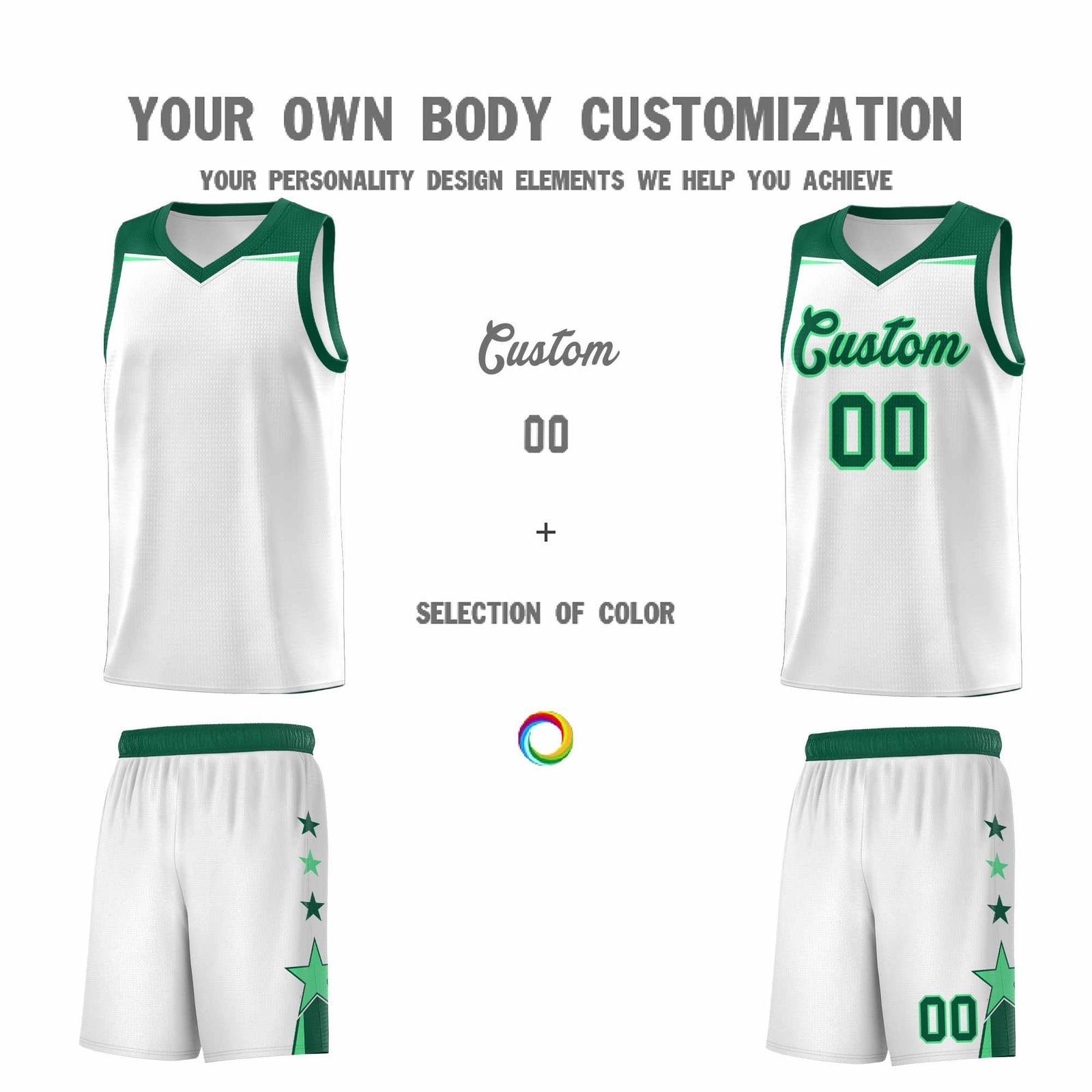 Custom Youth Basketball Uniform White Kelly Green Two Tone Side Star Add Name Number & Logo