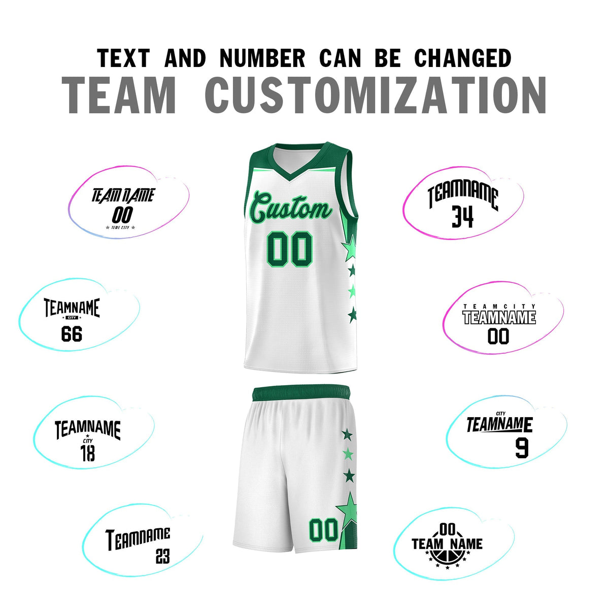 Custom Youth Basketball Uniform White Kelly Green Two Tone Side Star Add Name Number & Logo