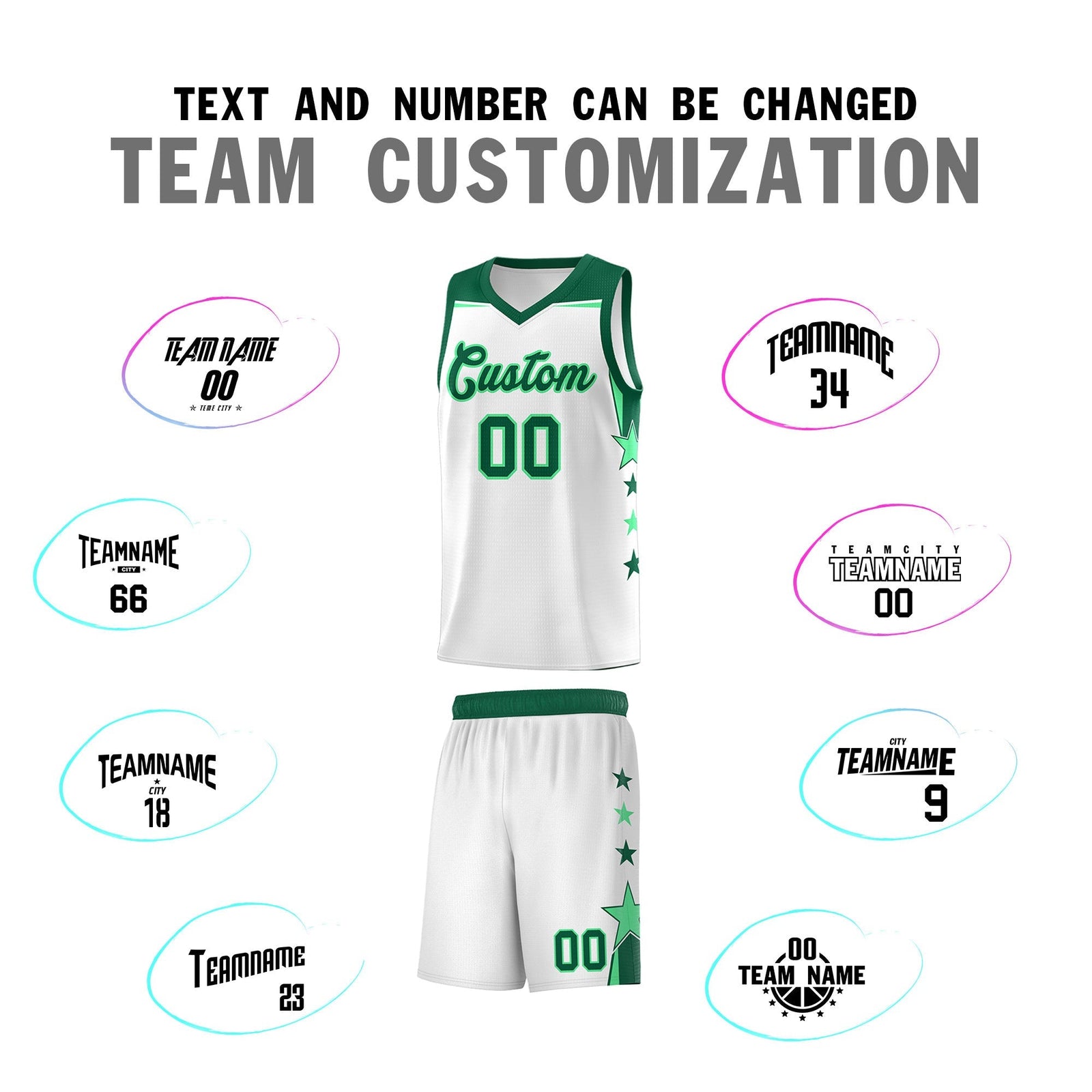 Custom Youth Basketball Uniform White Kelly Green Two Tone Side Star Add Name Number & Logo