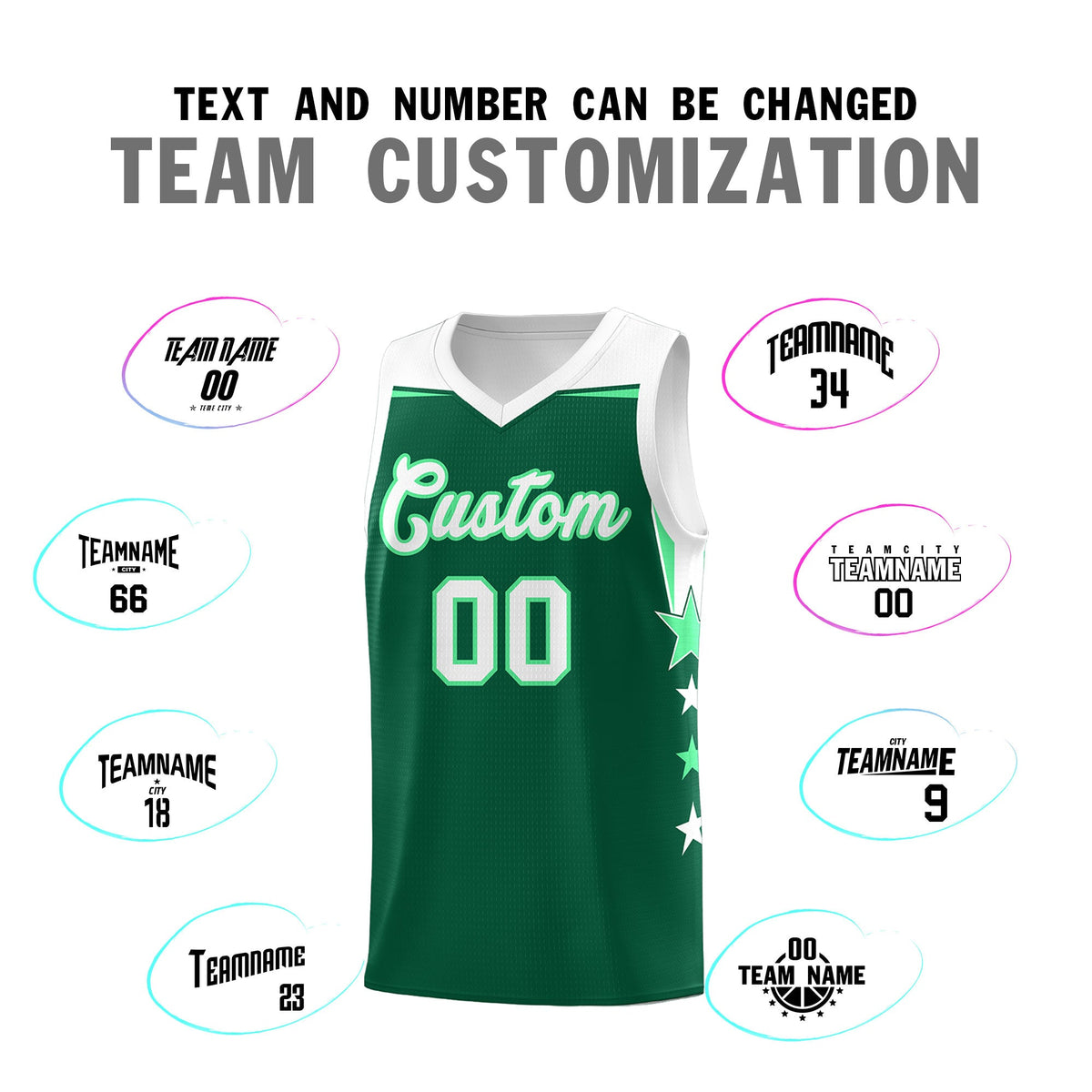 Custom Youth Basketball Uniform Kelly Green White Two Tone Side Star Personalized Team Jersey