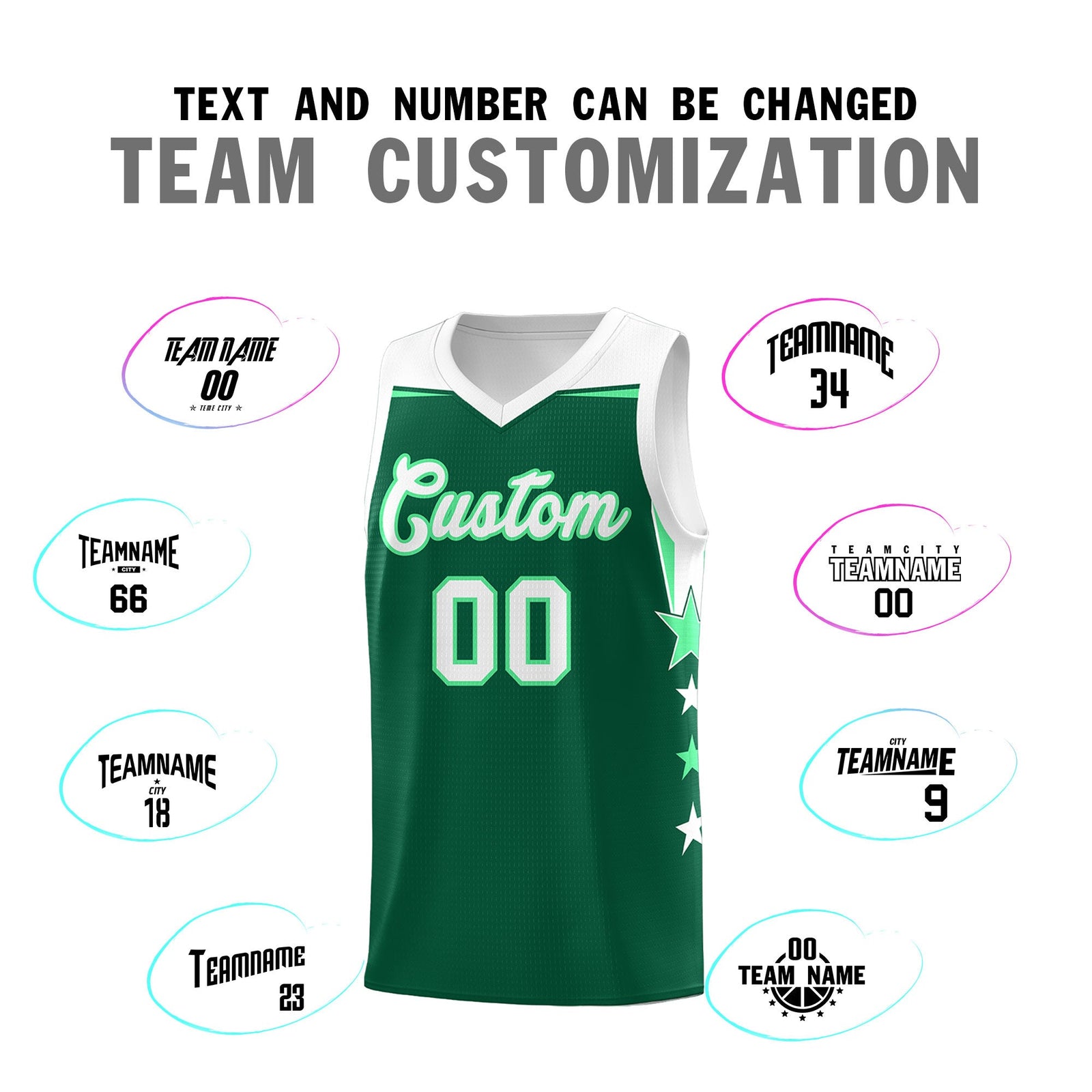 Custom Youth Basketball Uniform Kelly Green White Two Tone Side Star Personalized Team Jersey