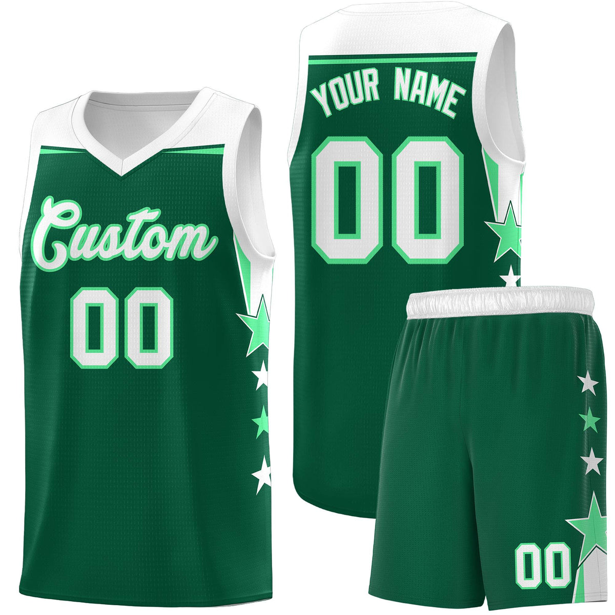 Custom Youth Basketball Uniform Kelly Green White Two Tone Side Star Personalized Team Jersey