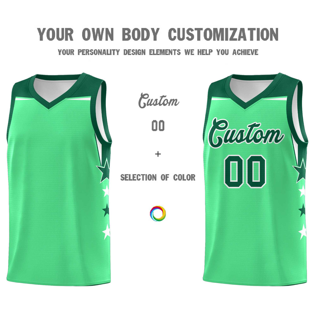 Custom Youth Basketball Uniform Green Kelly Green Two Tone Side Star Color Block Team Jersey