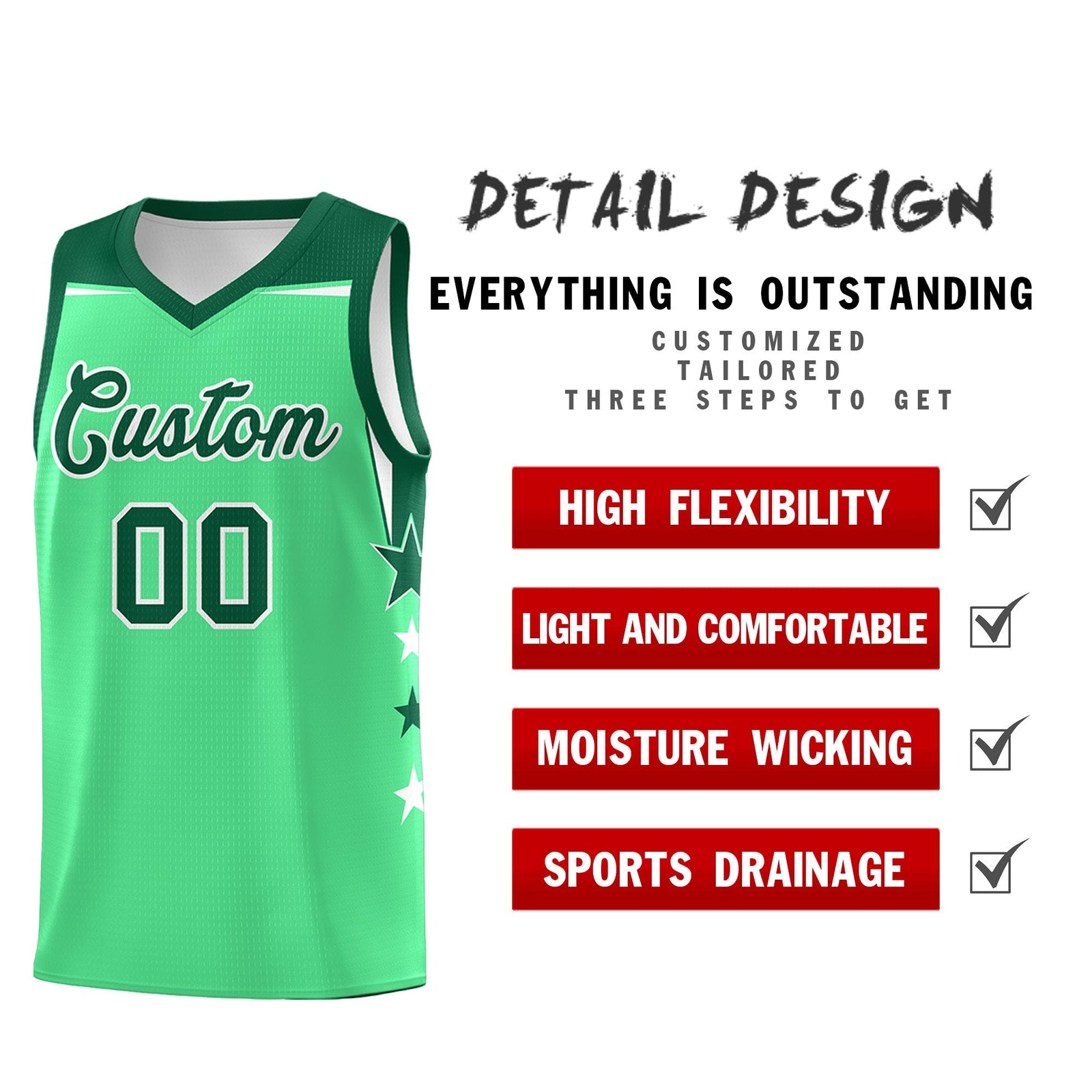 Custom Youth Basketball Uniform Green Kelly Green Two Tone Side Star Color Block Team Jersey