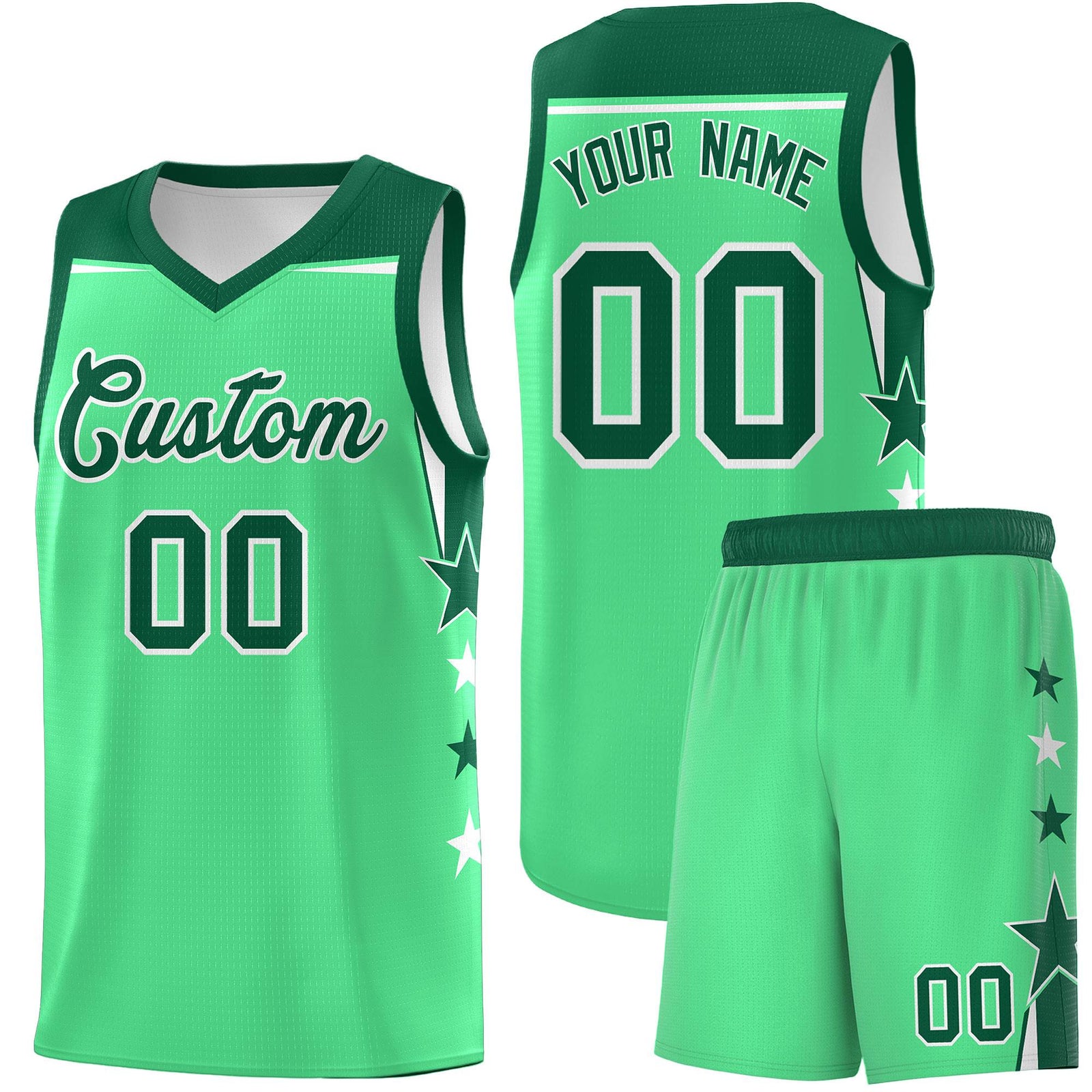 Custom Youth Basketball Uniform Green Kelly Green Two Tone Side Star Color Block Team Jersey