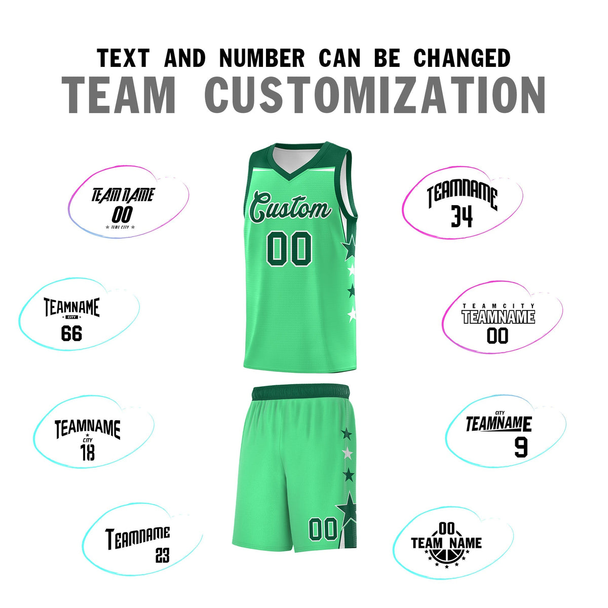 Custom Youth Basketball Uniform Green Kelly Green Two Tone Side Star Color Block Team Jersey