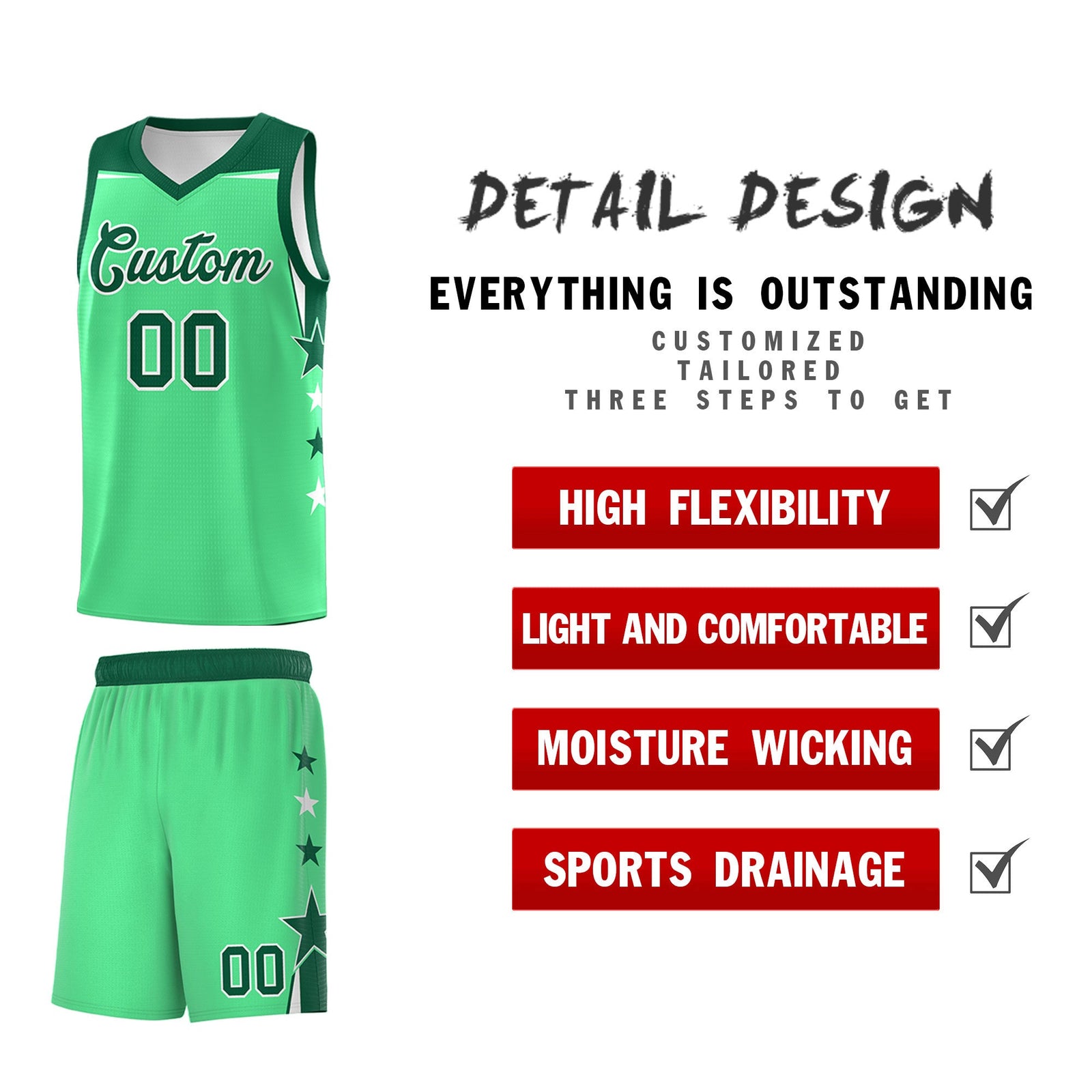 Custom Youth Basketball Uniform Green Kelly Green Two Tone Side Star Color Block Team Jersey