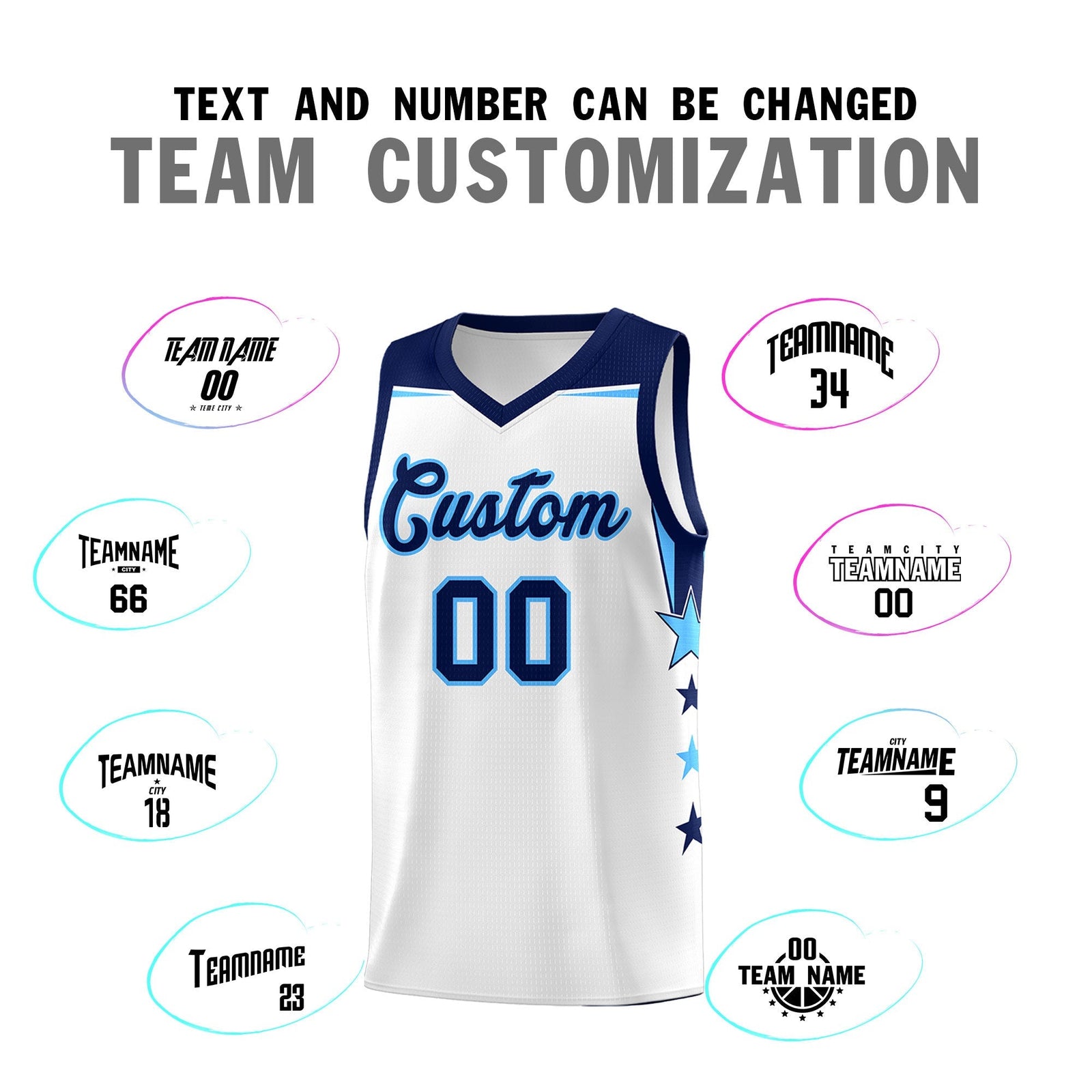 Custom Youth Basketball Uniform White Navy Two Tone Side Star Add Name Number & Logo