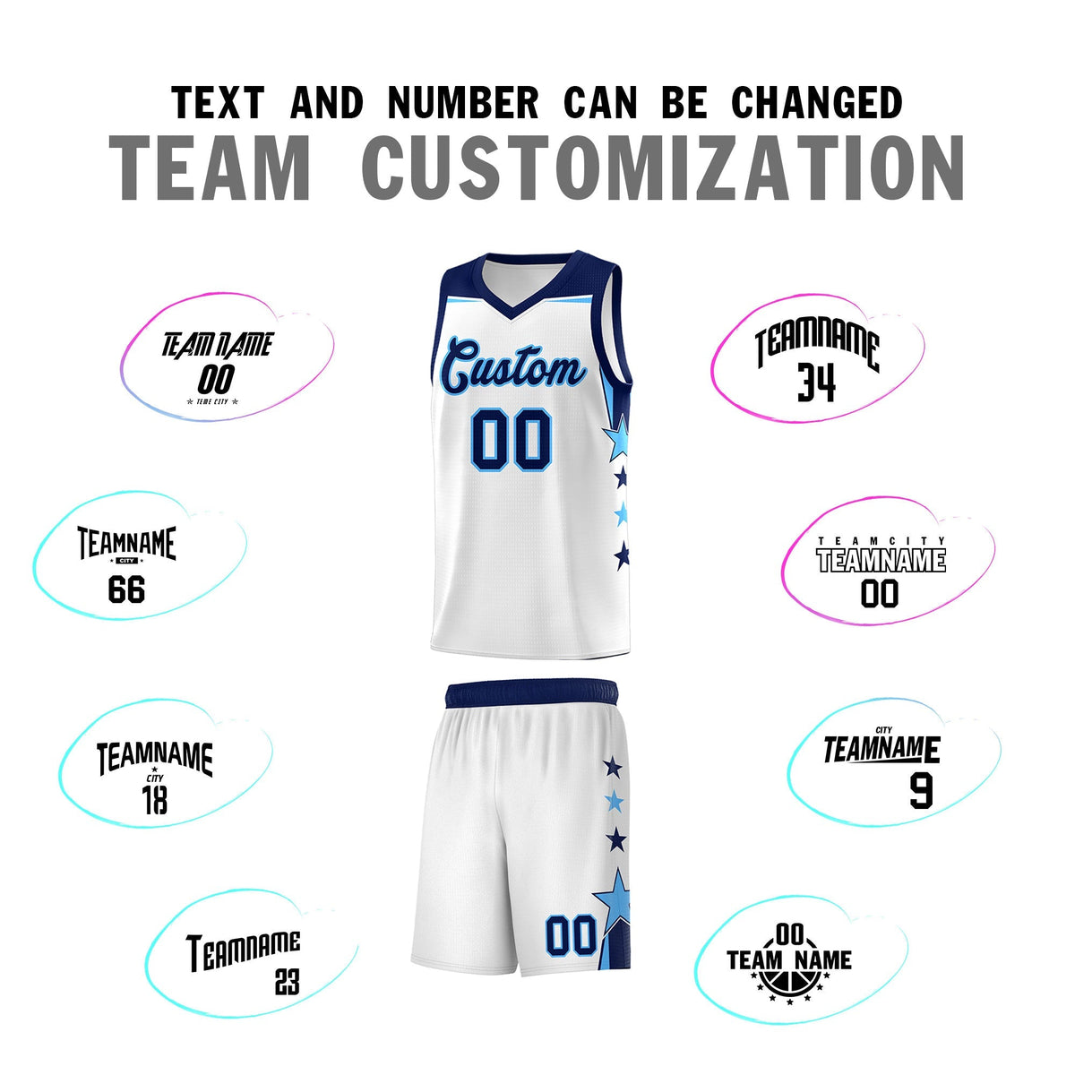 Custom Youth Basketball Uniform White Navy Two Tone Side Star Add Name Number & Logo