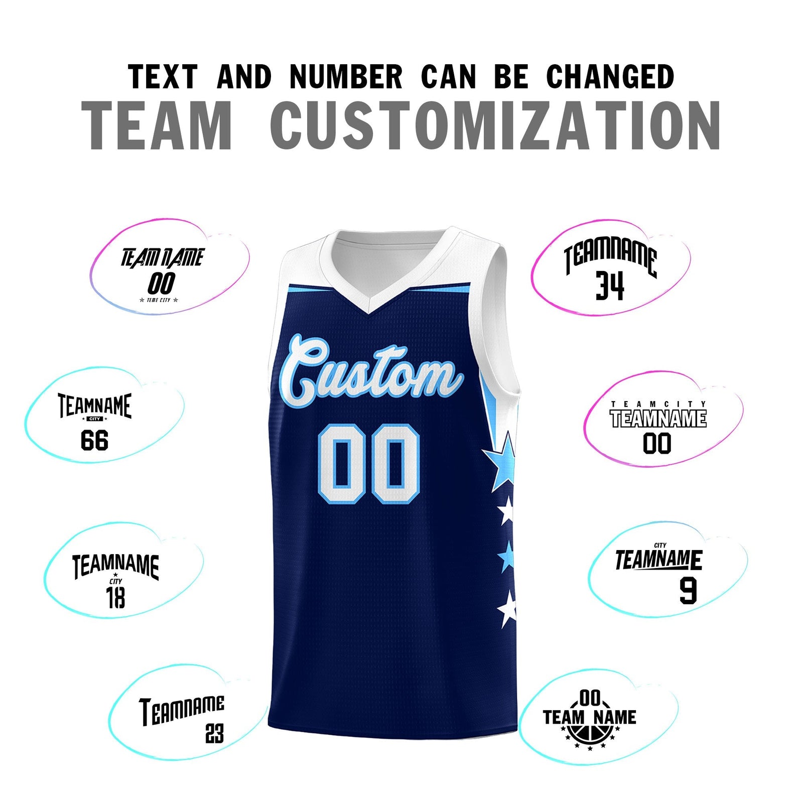 Custom Youth Basketball Uniform Navy White Two Tone Side Star Personalized Team Jersey