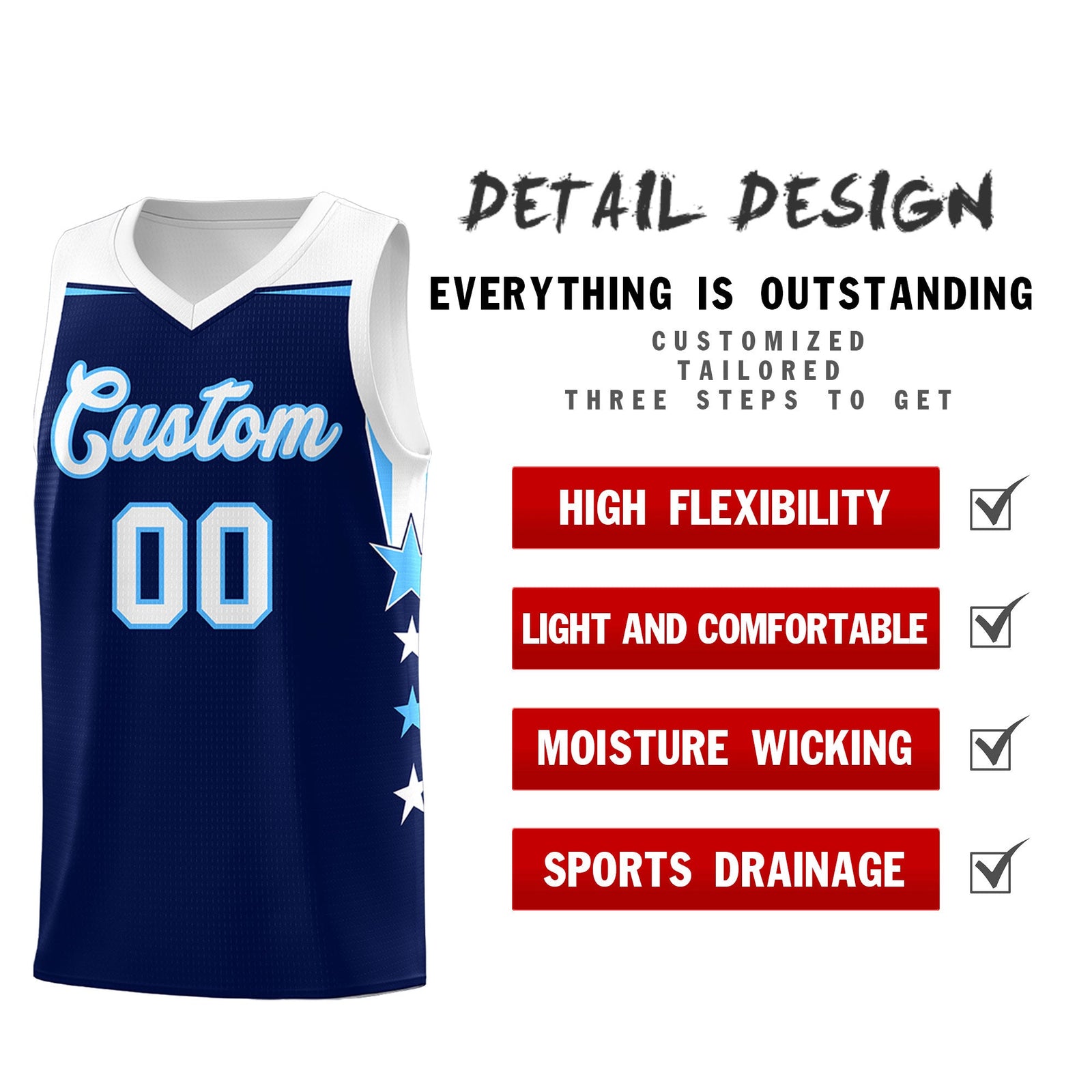Custom Youth Basketball Uniform Navy White Two Tone Side Star Personalized Team Jersey