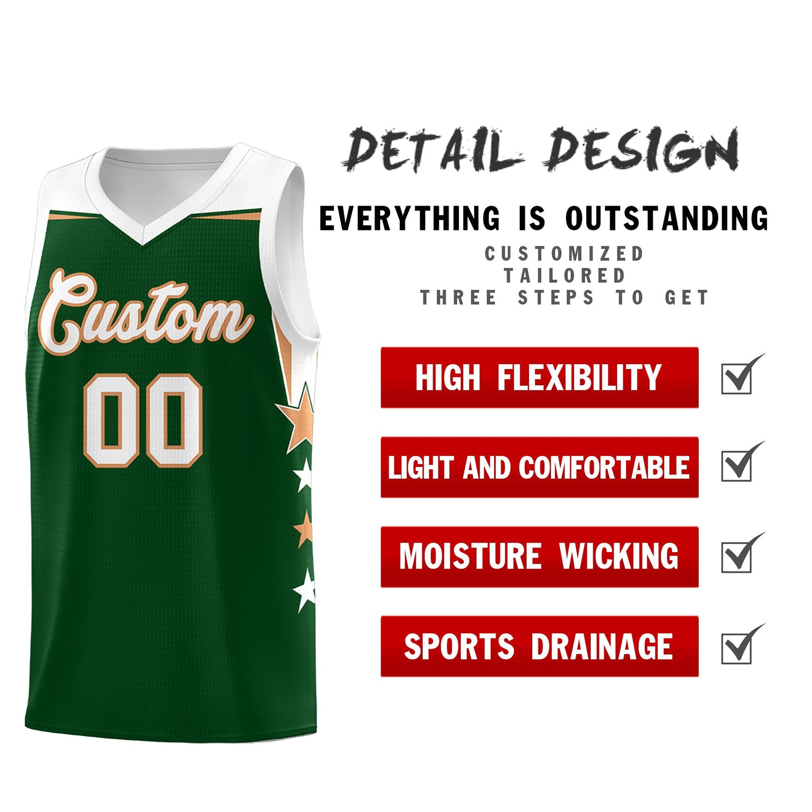 Custom Youth Basketball Uniform Green White Two Tone Side Star Personalized Team Jersey