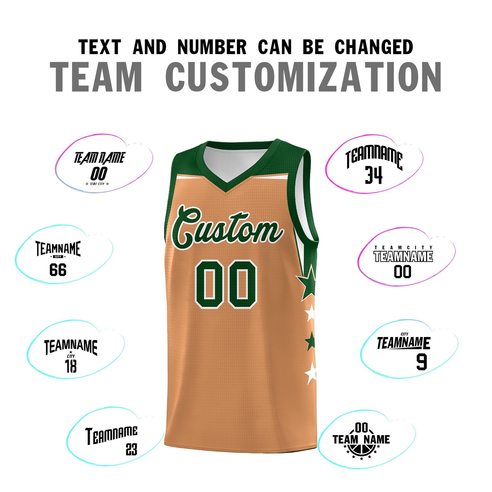 Custom Youth Basketball Uniform Buckskin Brown Green Two Tone Side Star Color Block Team Jersey
