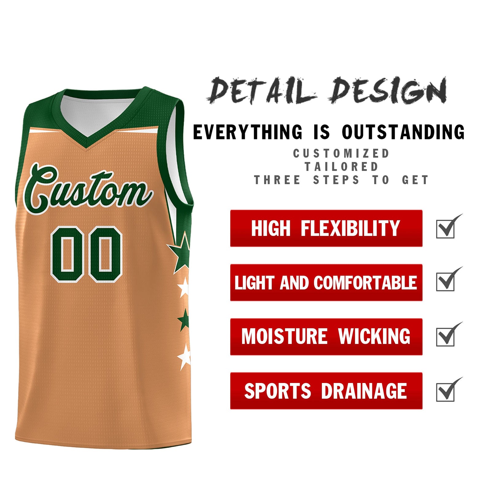 Custom Youth Basketball Uniform Buckskin Brown Green Two Tone Side Star Color Block Team Jersey
