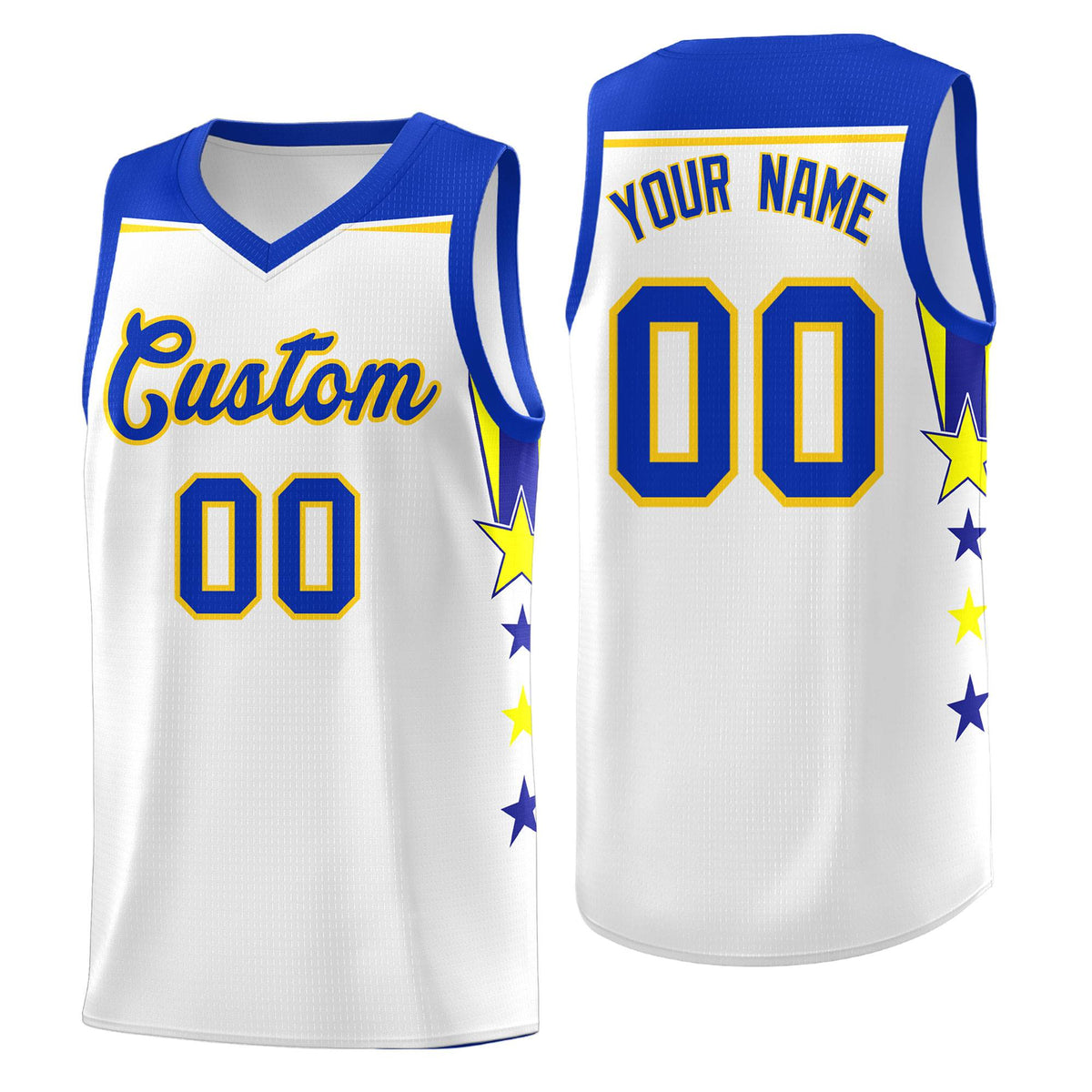Custom Youth Basketball Uniform White Royal Two Tone Side Star Add Name Number & Logo