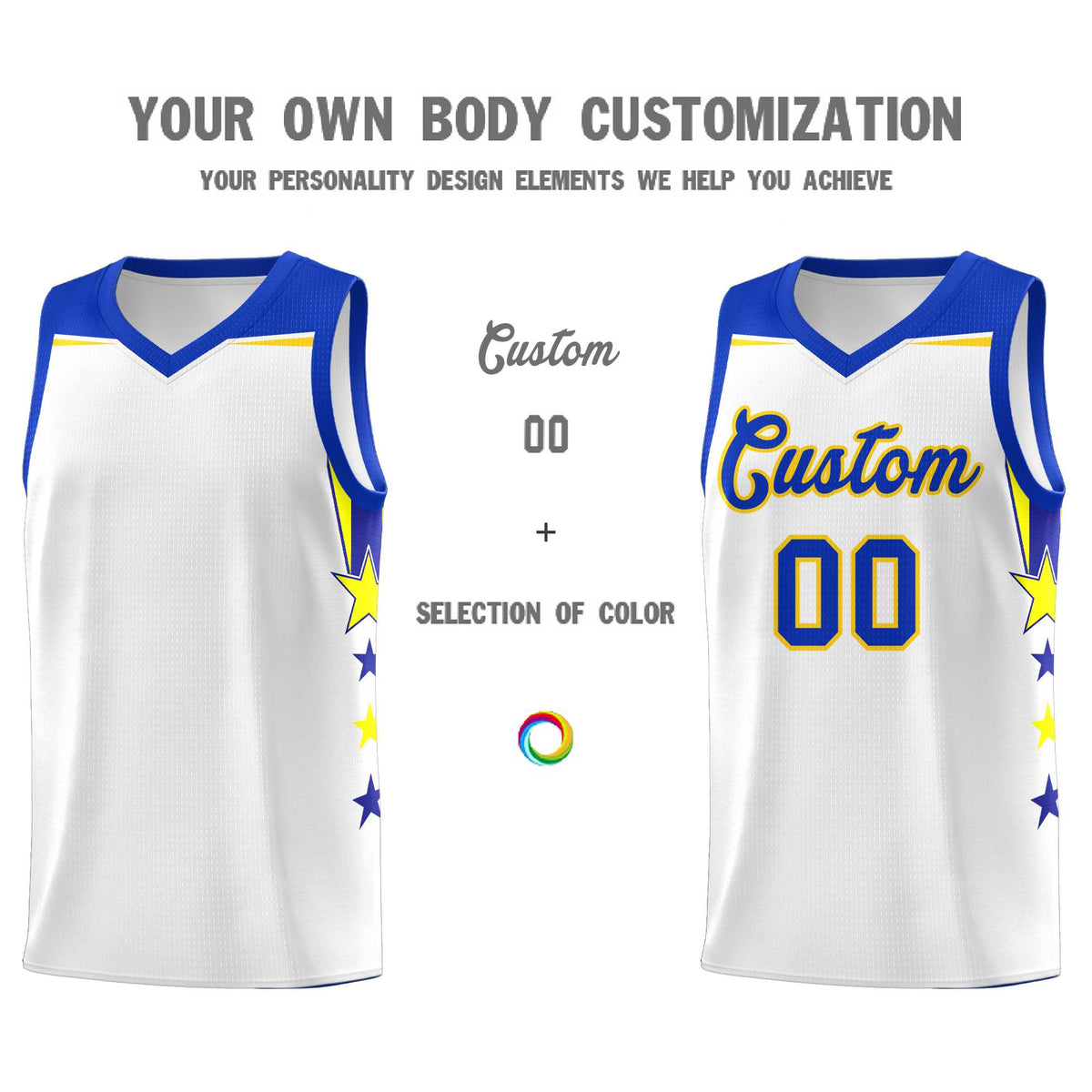 Custom Youth Basketball Uniform White Royal Two Tone Side Star Add Name Number & Logo