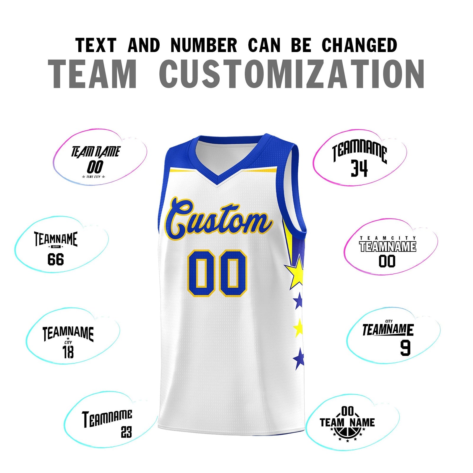 Custom Youth Basketball Uniform White Royal Two Tone Side Star Add Name Number & Logo