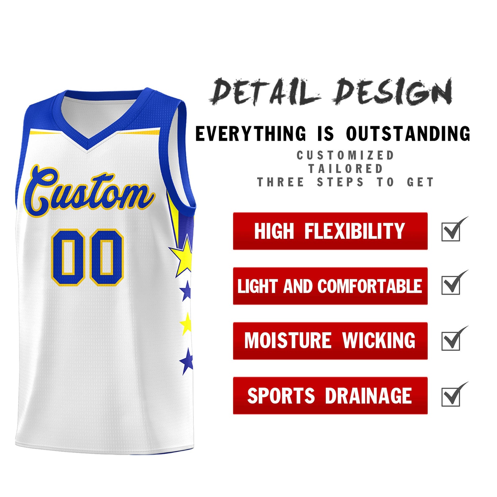 Custom Youth Basketball Uniform White Royal Two Tone Side Star Add Name Number & Logo
