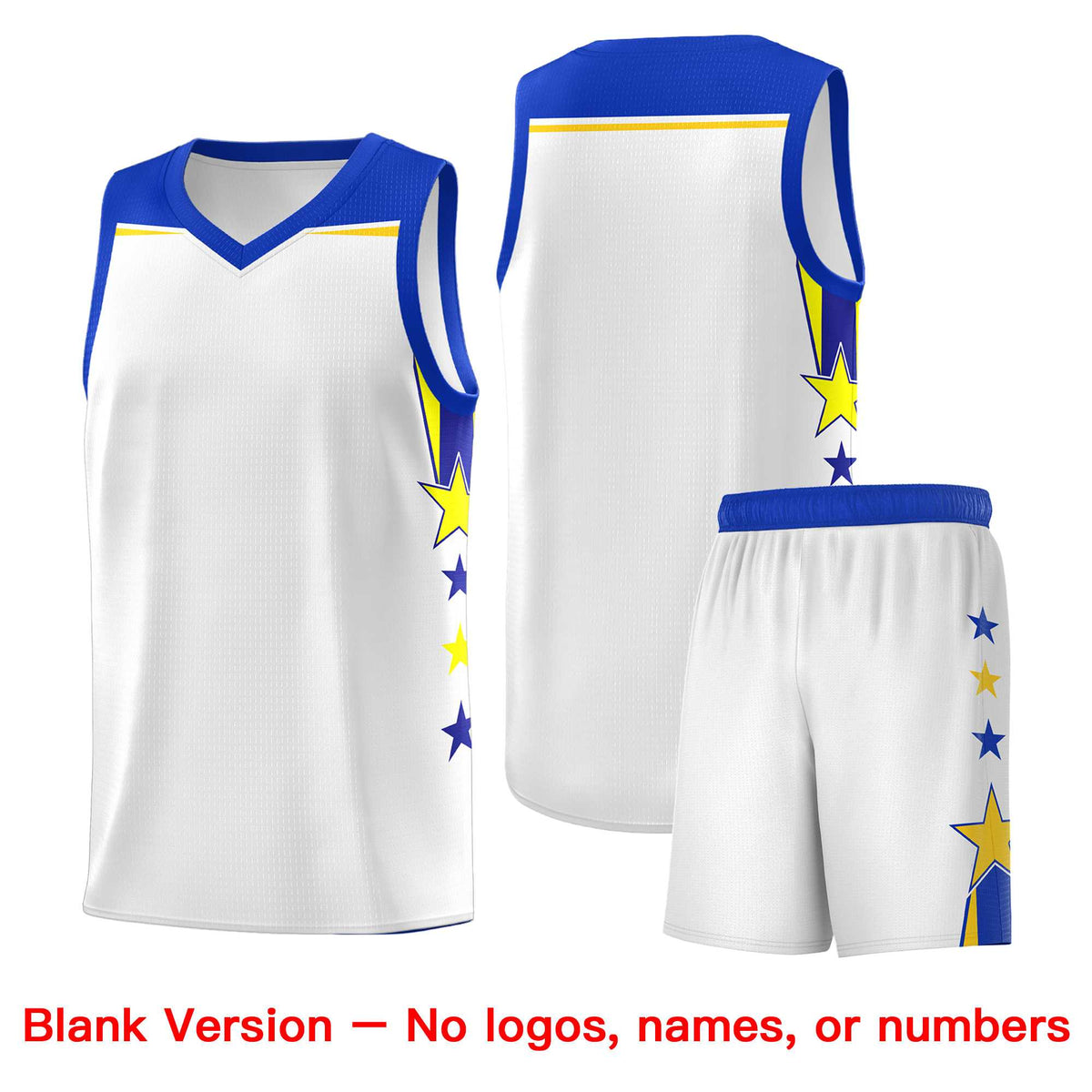 Custom Youth Basketball Uniform White Royal Two Tone Side Star Add Name Number & Logo