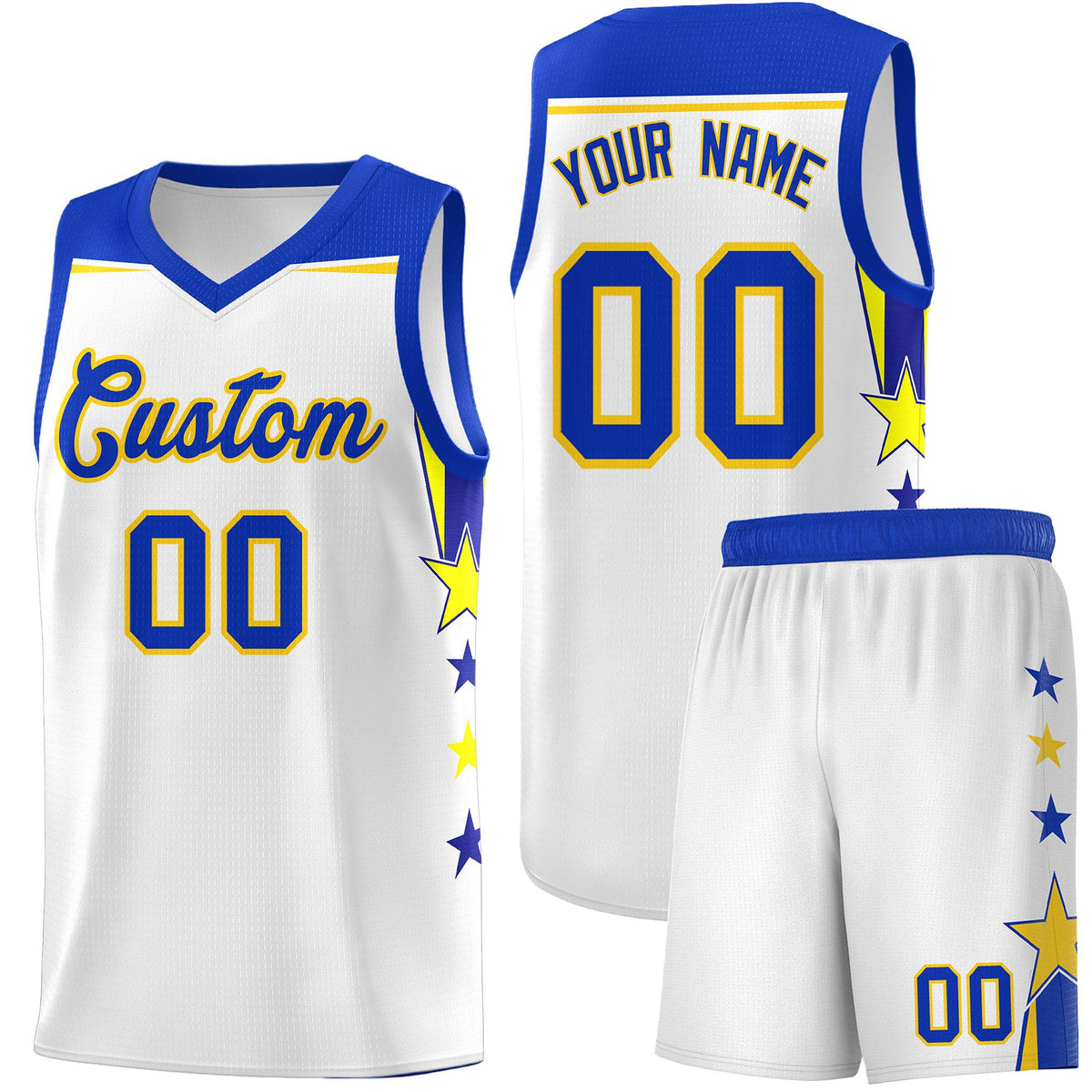 Custom Youth Basketball Uniform White Royal Two Tone Side Star Add Name Number & Logo