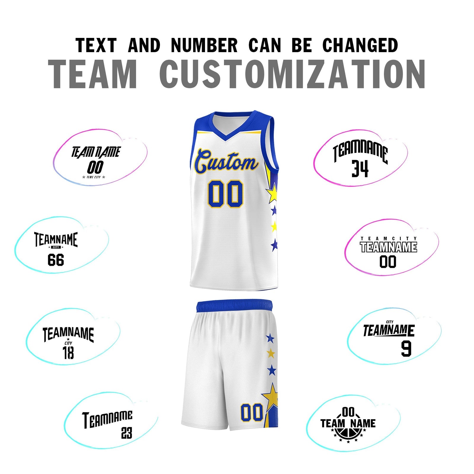Custom Youth Basketball Uniform White Royal Two Tone Side Star Add Name Number & Logo