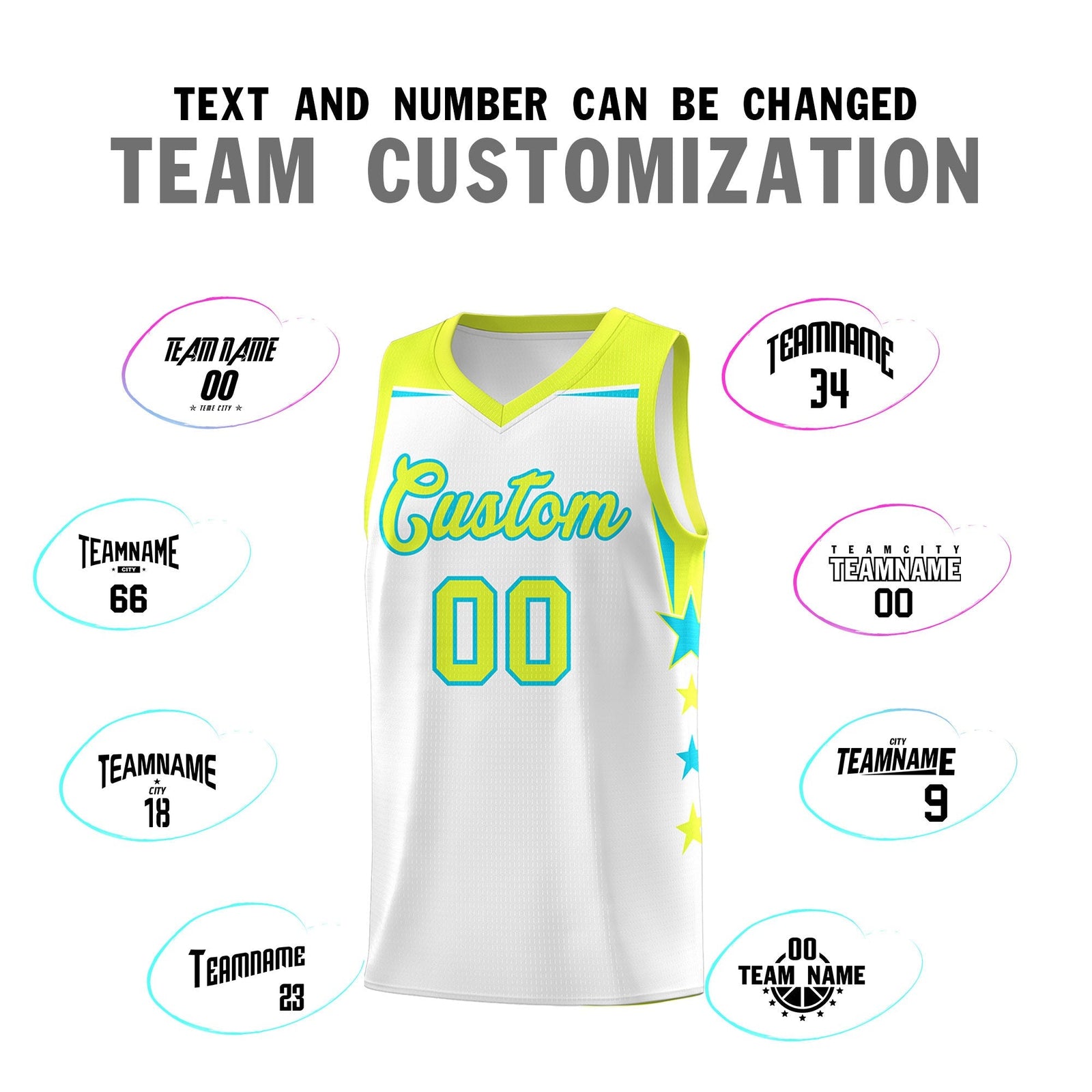 Custom Youth Basketball Uniform White Fluorescent Green Two Tone Side Star Add Name Number & Logo
