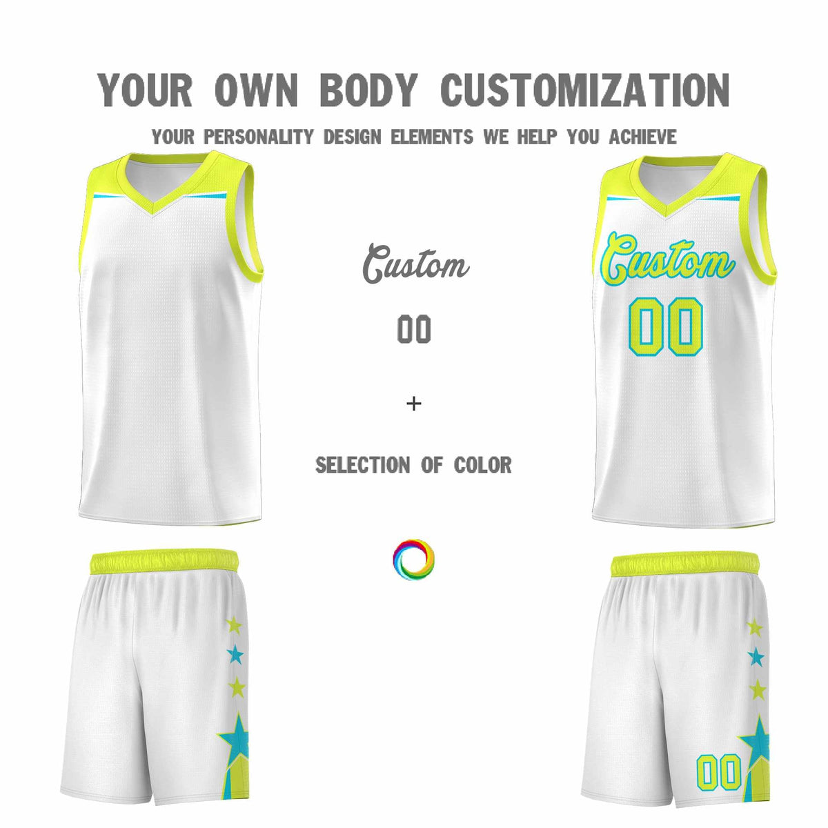 Custom Youth Basketball Uniform White Fluorescent Green Two Tone Side Star Add Name Number & Logo