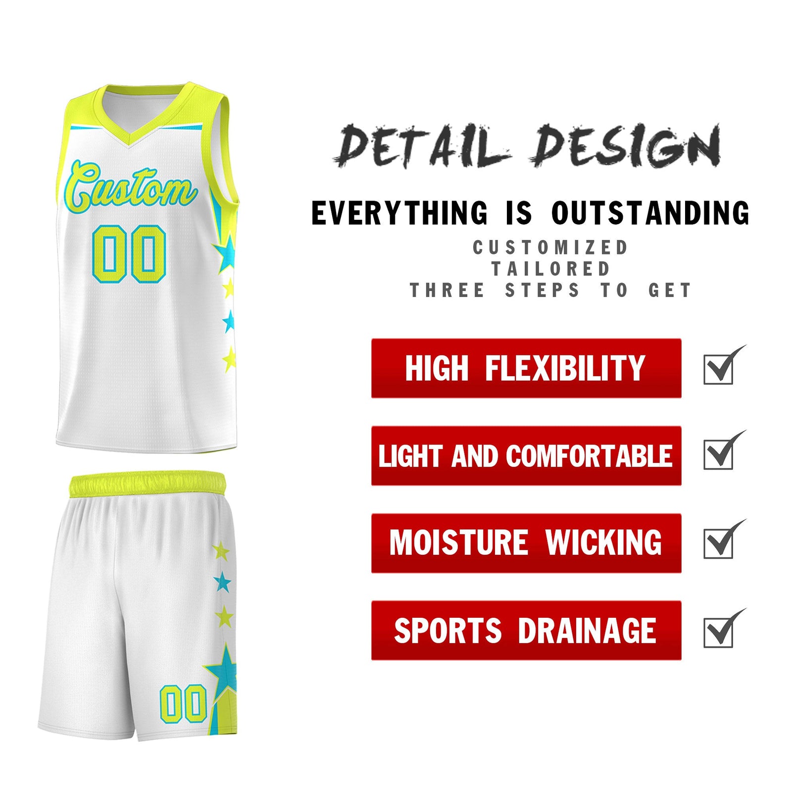 Custom Youth Basketball Uniform White Fluorescent Green Two Tone Side Star Add Name Number & Logo